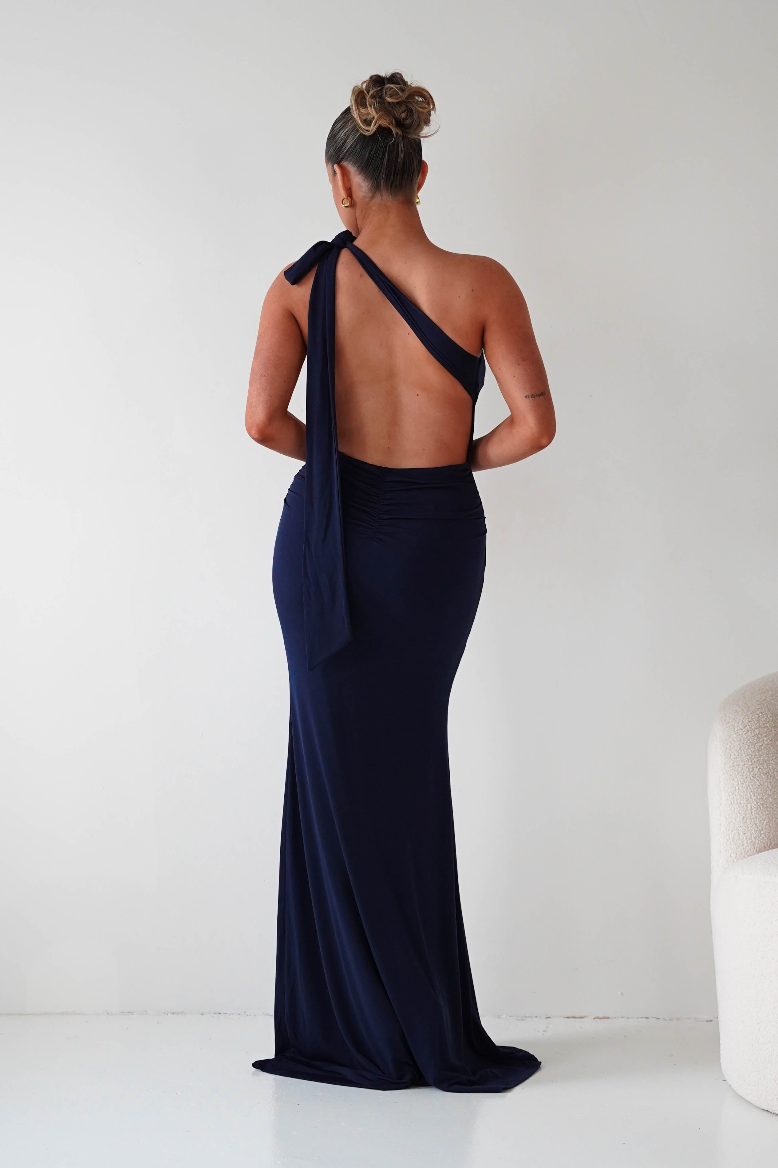 Seraphine Backless Tie Bodycon Maxi Gown | Navy