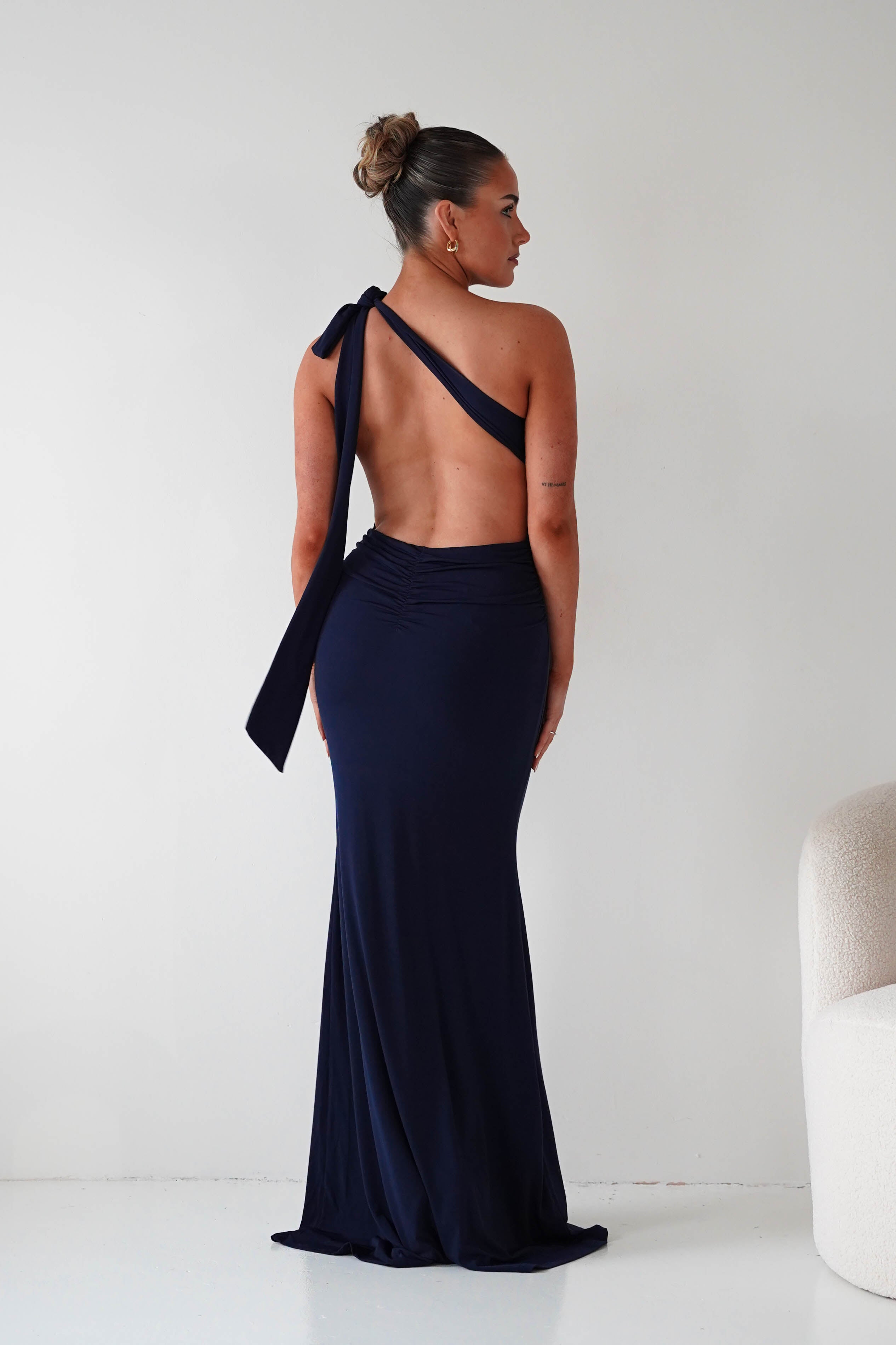 Seraphine Backless Tie Bodycon Maxi Gown | Navy