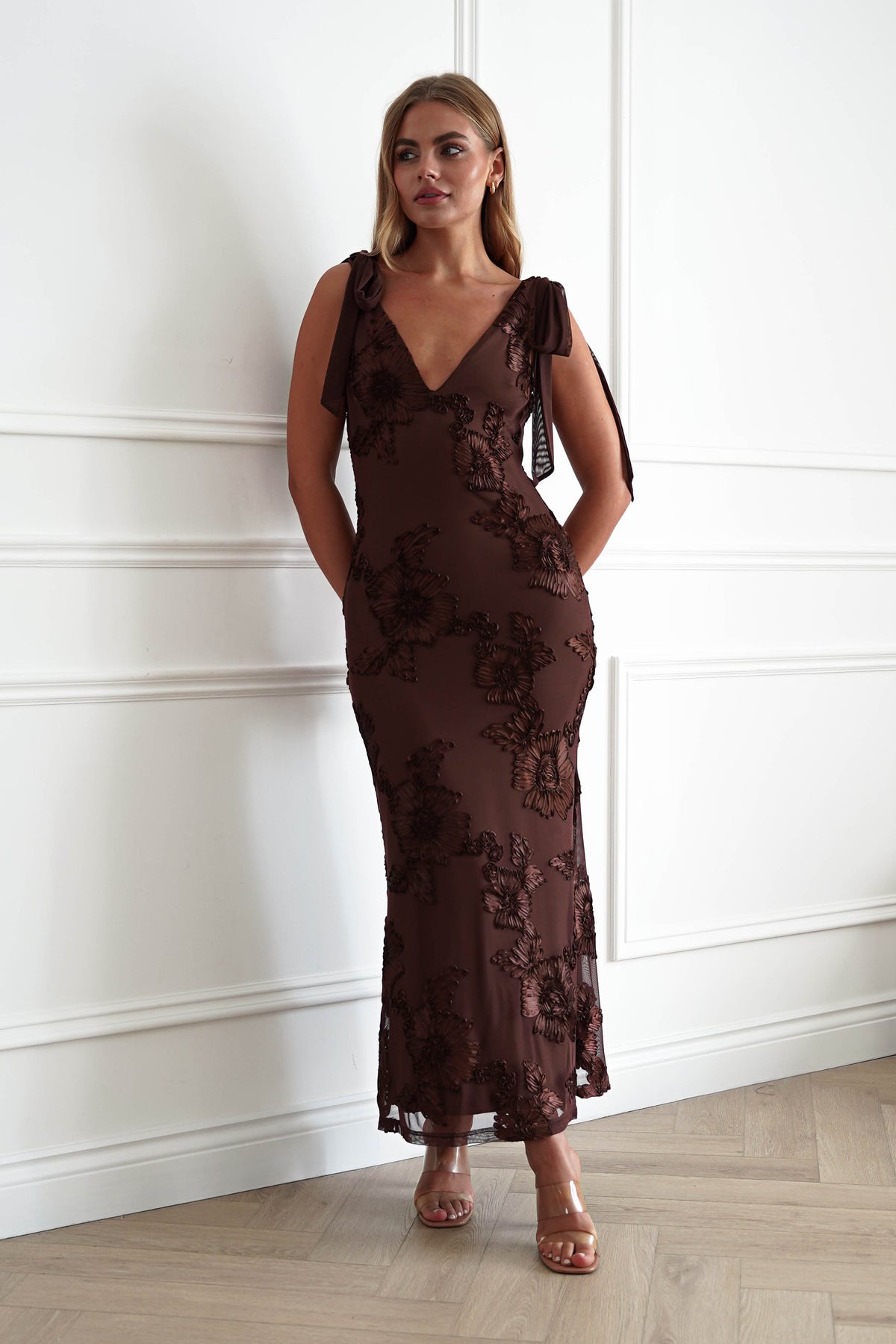 Cyra Floral Appliqué Maxi Dress | Brown
