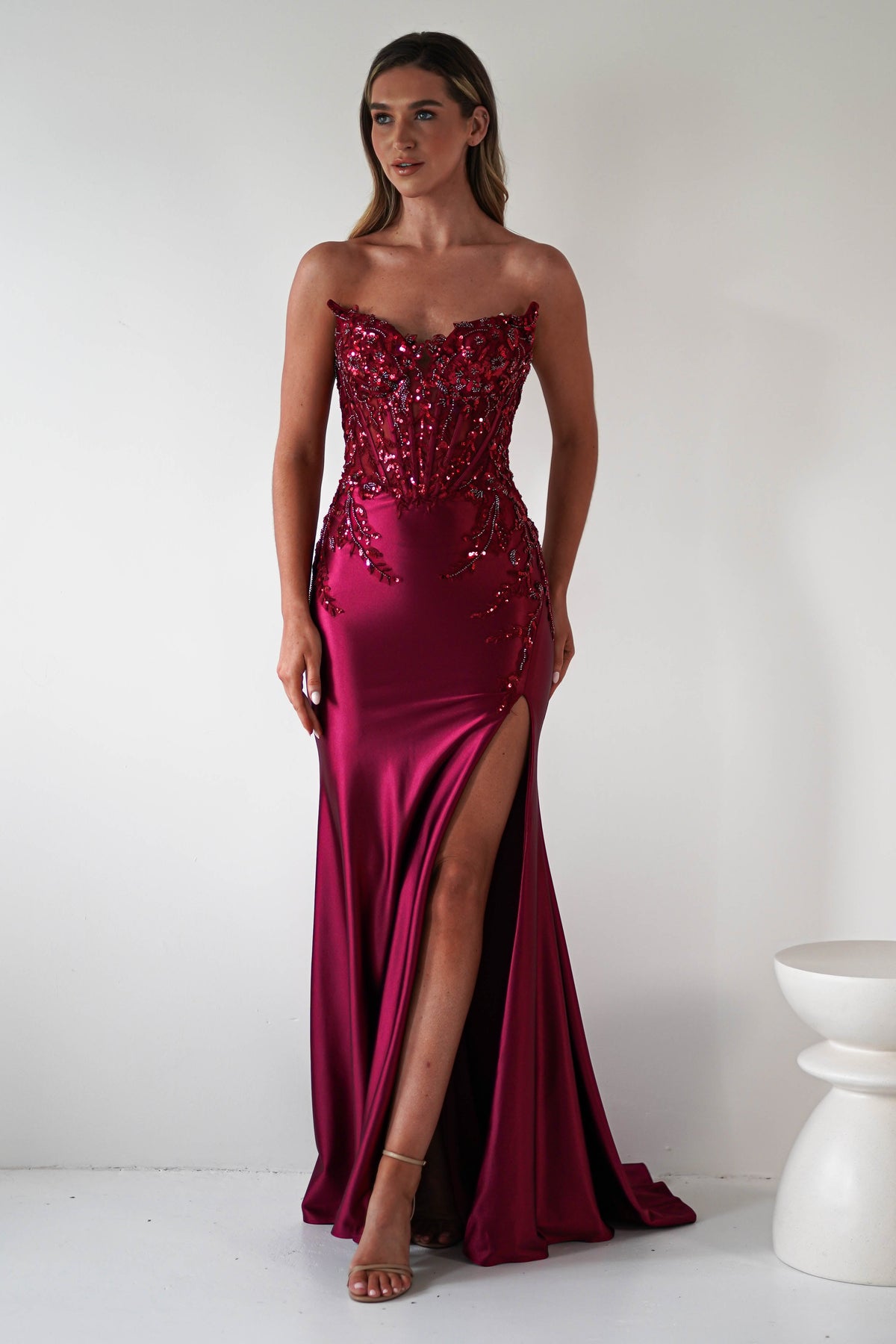 Dallas Luxe Embellished Gown | Dark Wine-Oh Hello Clothing