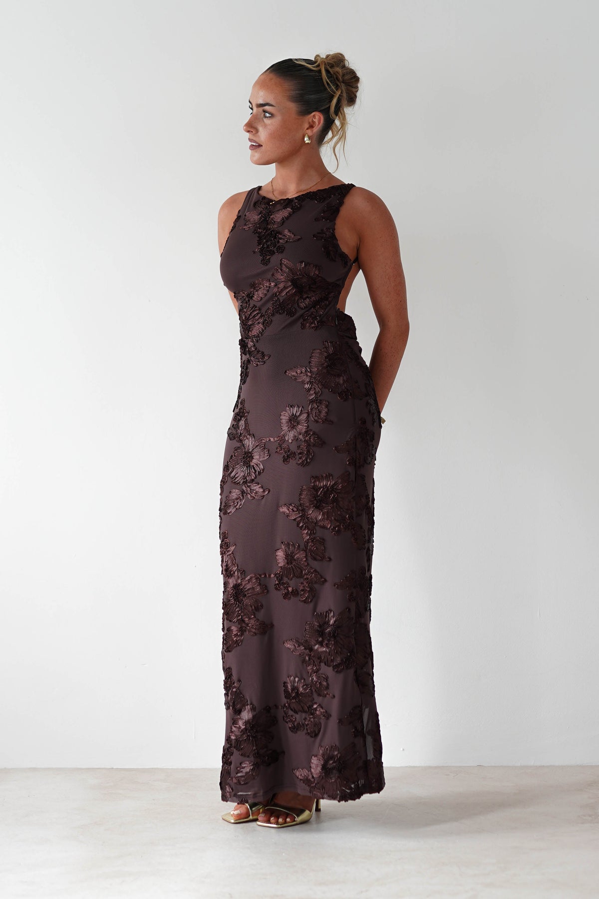 Demi Floral Textured Maxi Dress | Brown-Oh Hello Clothing