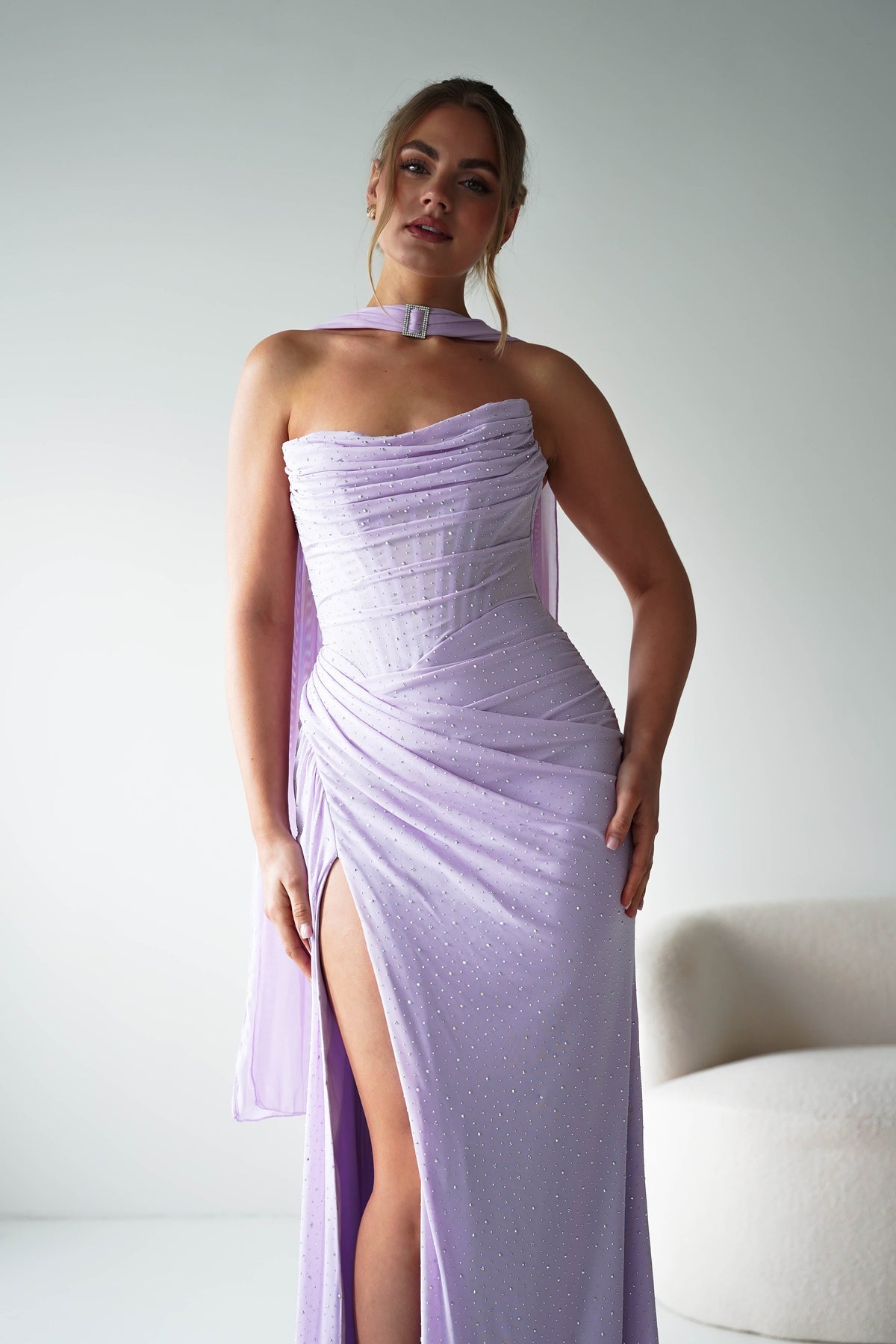Diana Draped Strapless Rhinestone Gown | Lavender-Oh Hello Clothing