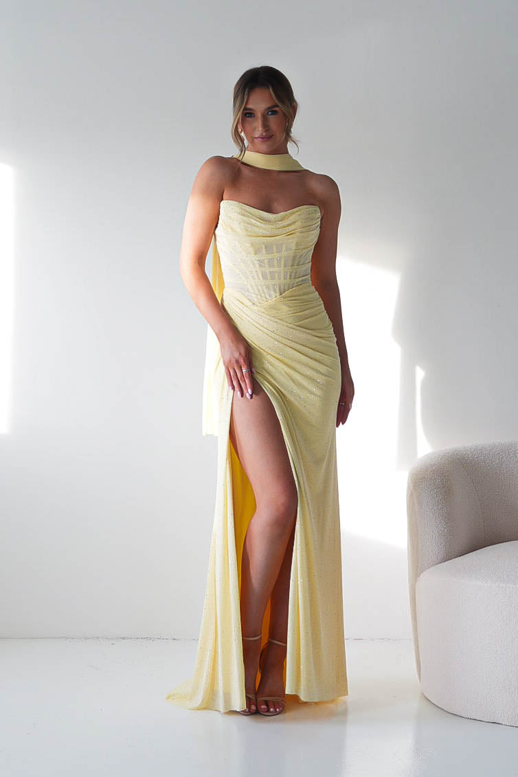 Diana Draped Strapless Rhinestone Gown | Yellow-Oh Hello Clothing