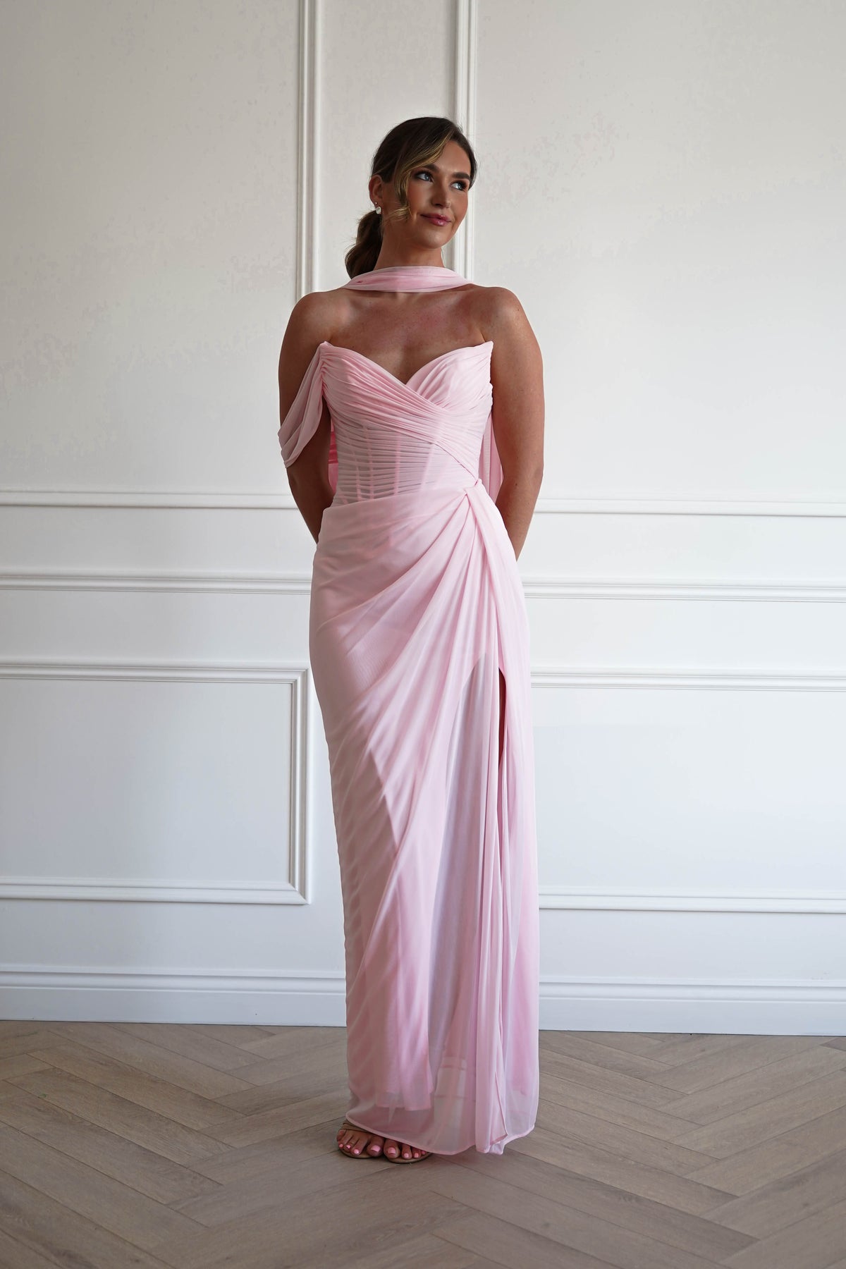 Donatella Draped Strapless Maxi Gown | Pink-Oh Hello Clothing