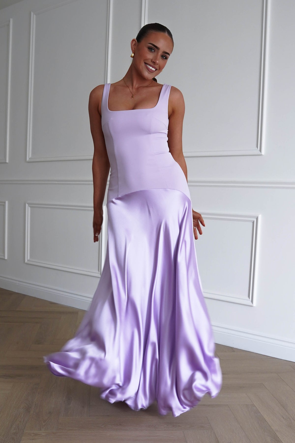 Elena Square Neck Soft Satin Maxi Dress | Lilac-Oh Hello Clothing