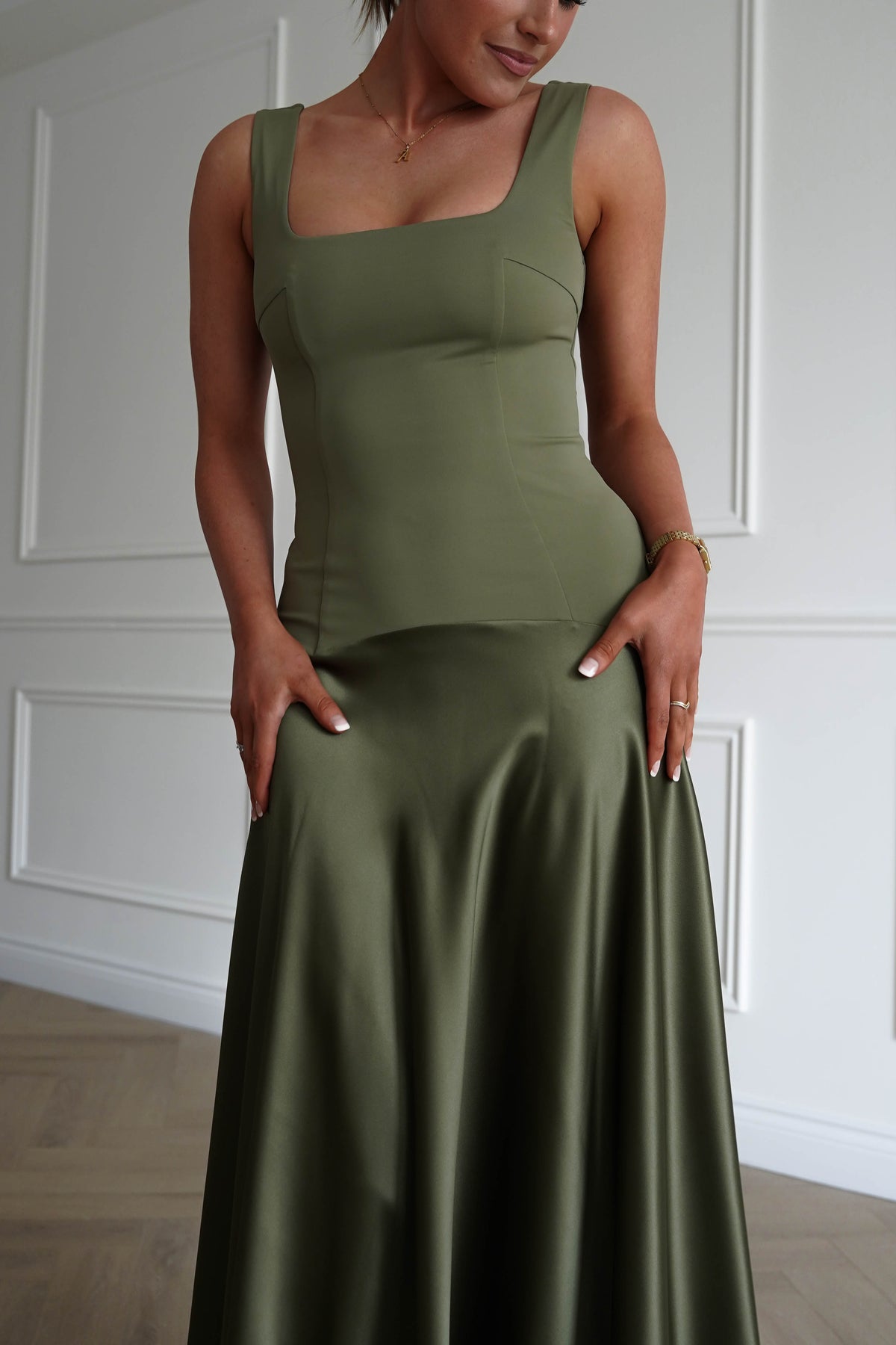 Elena Square Neck Soft Satin Maxi Dress | Olive-Oh Hello Clothing