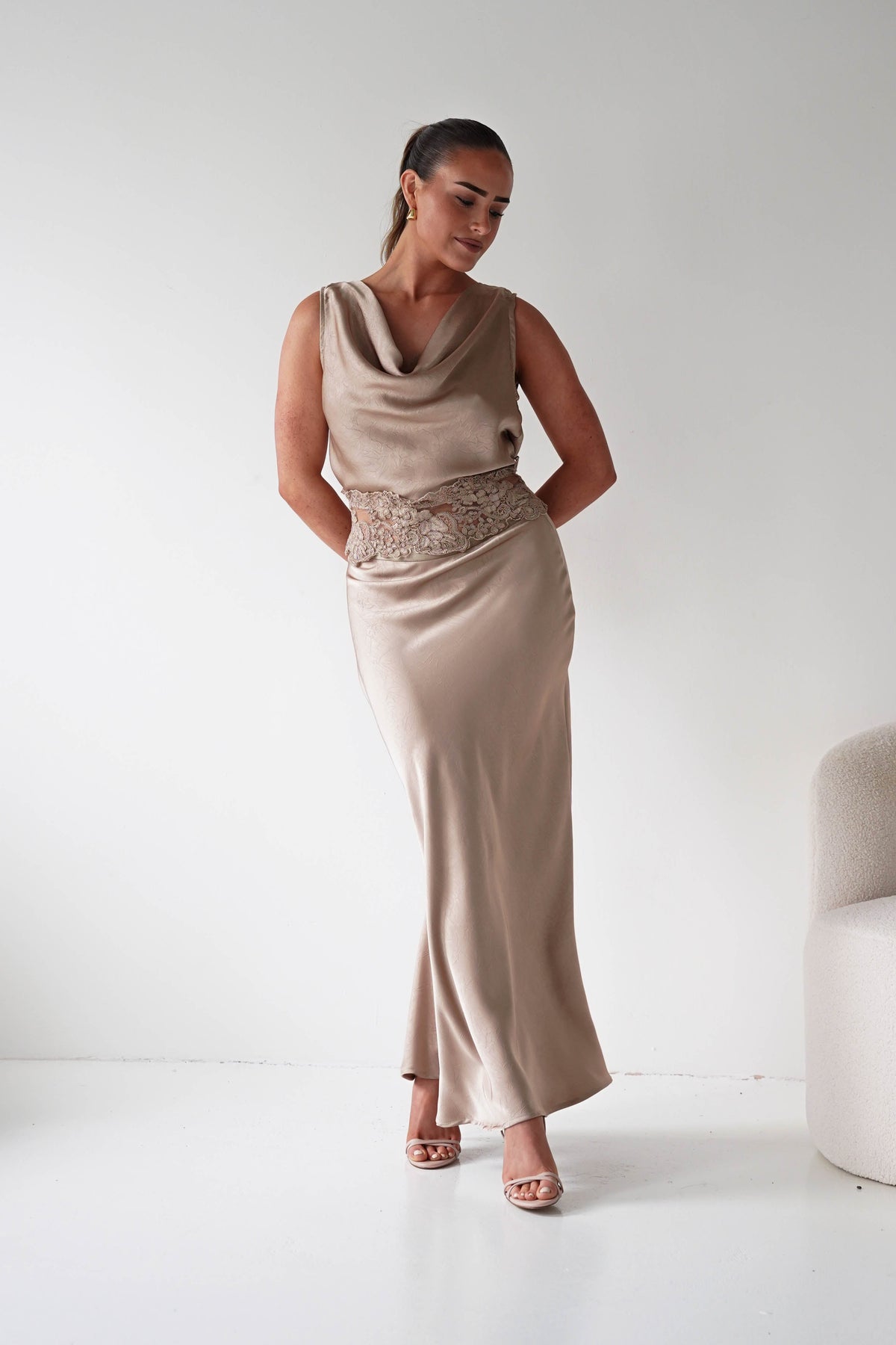 Elsa Satin Set With Lace Detail | Beige-Oh Hello Clothing