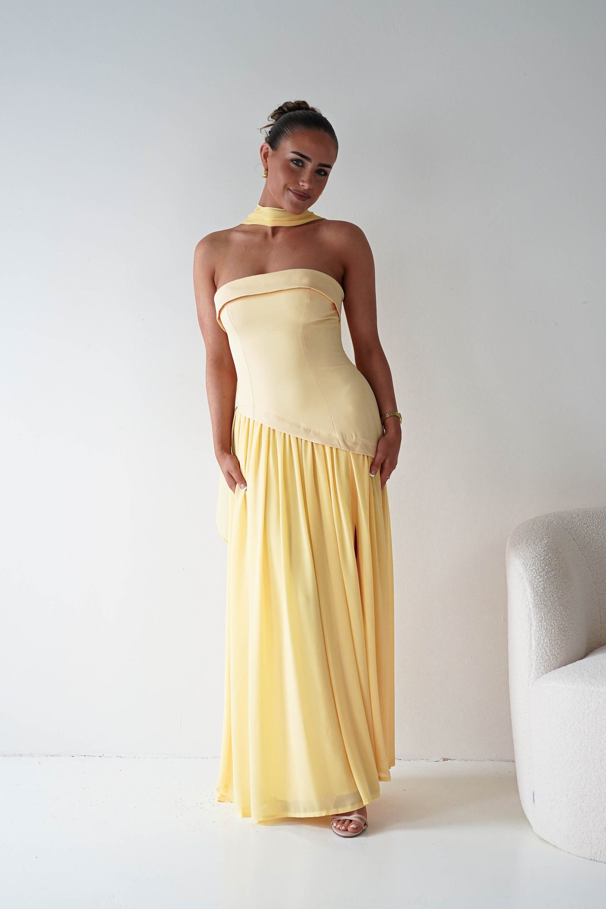 Elva Strapless Asymmetric Waist Maxi Dress | Yellow-Oh Hello Clothing