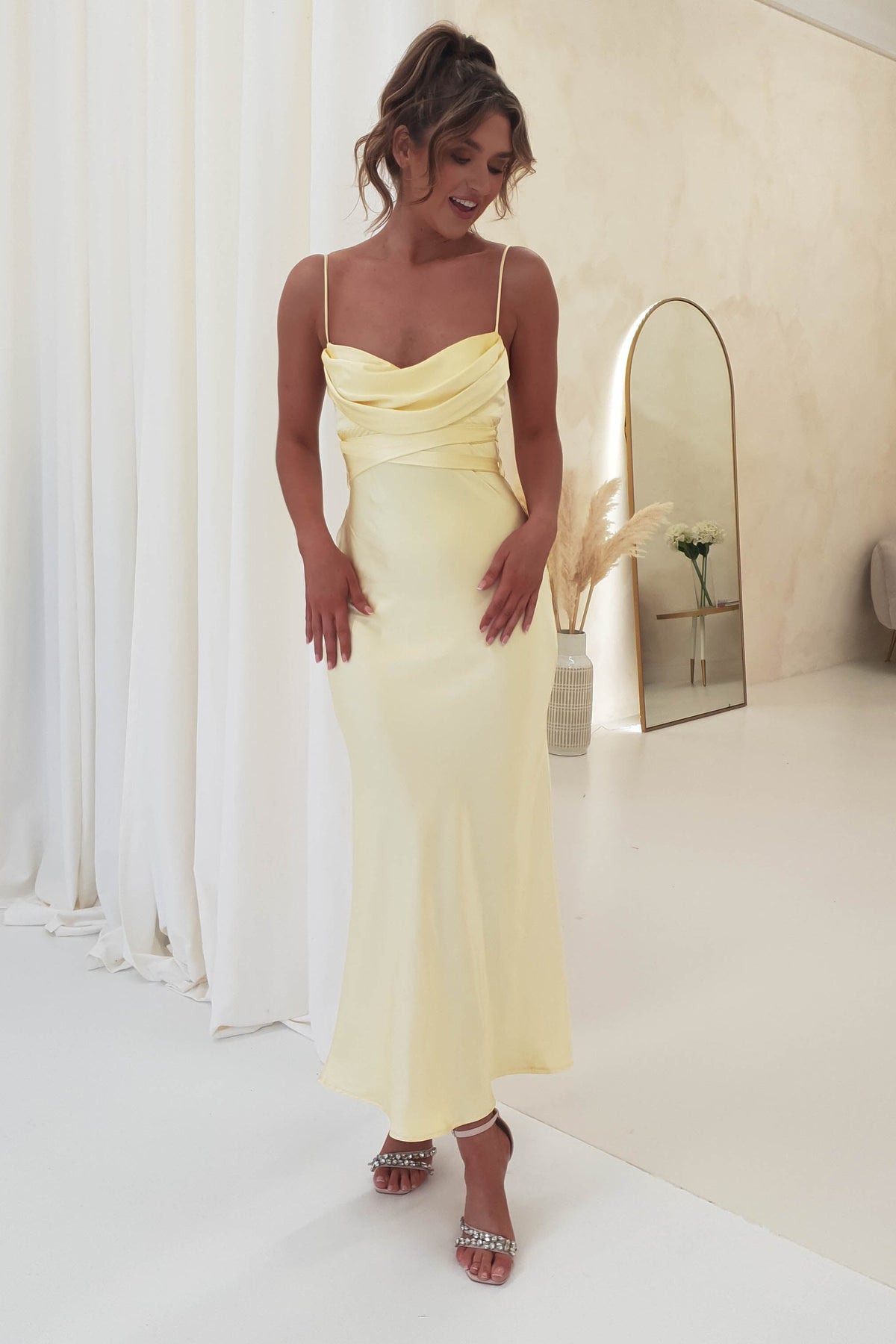 Everleigh Soft Satin Midi Dress | Butter Yellow-Oh Hello Clothing
