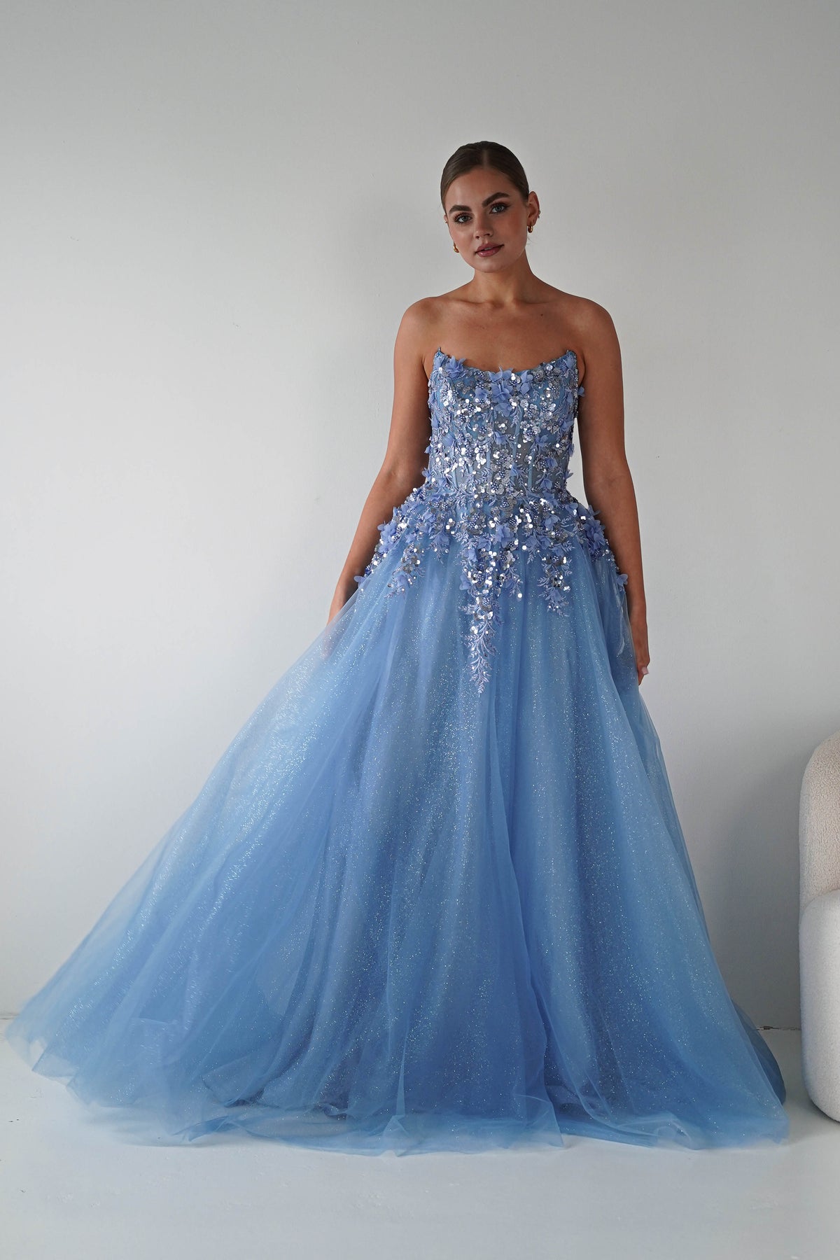 Francesca Strapless Floral Appliqué Ball Gown | Blue-Oh Hello Clothing