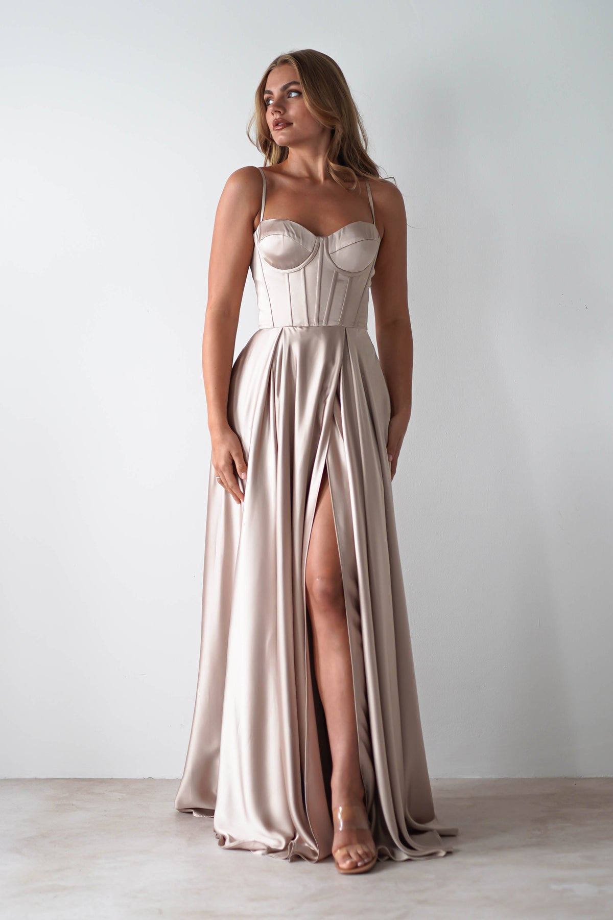 Georgia Soft Satin Maxi Gown | Champange-Oh Hello Clothing