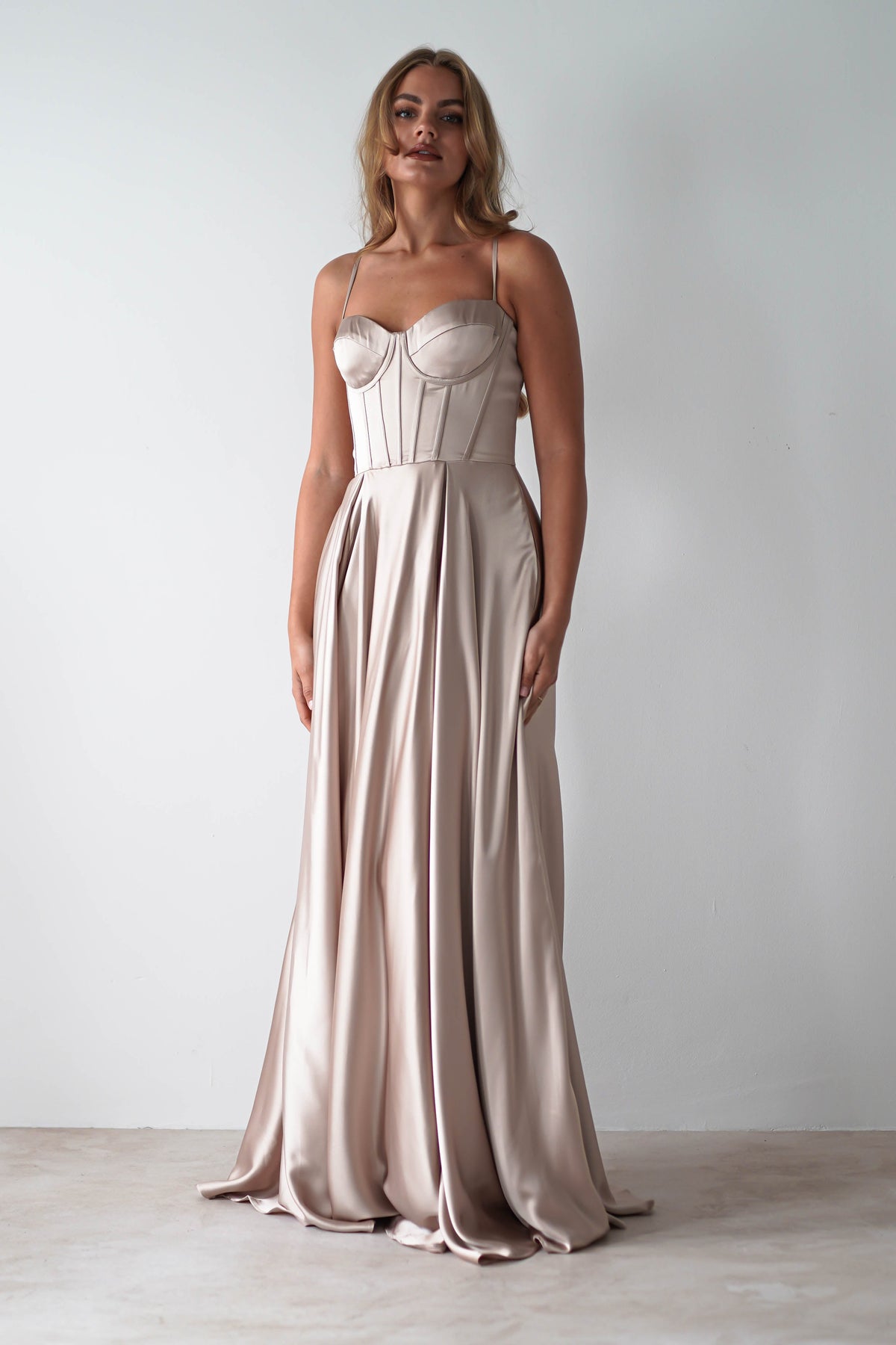 Georgia Soft Satin Maxi Gown | Champange-Oh Hello Clothing