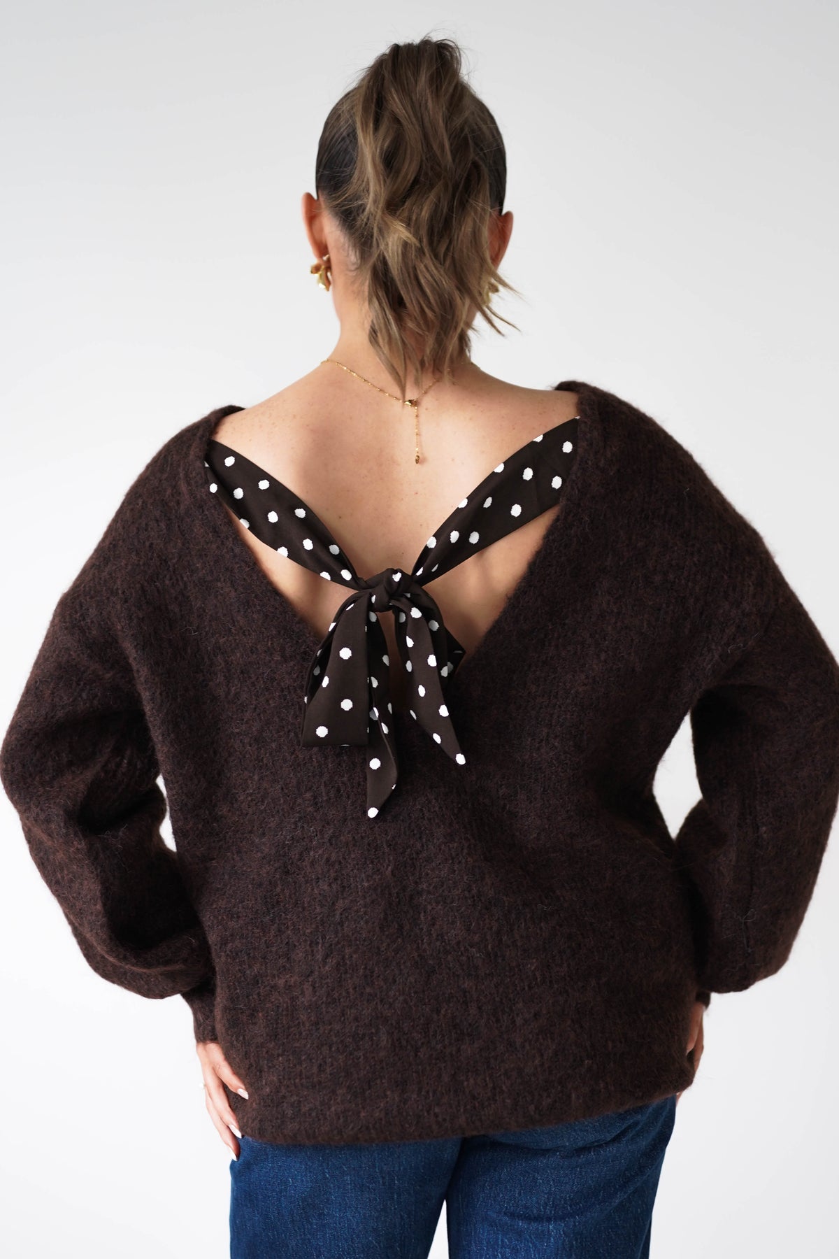 Gracie Polka Dot Bow Back Knit Jumper | Brown-Oh Hello Clothing
