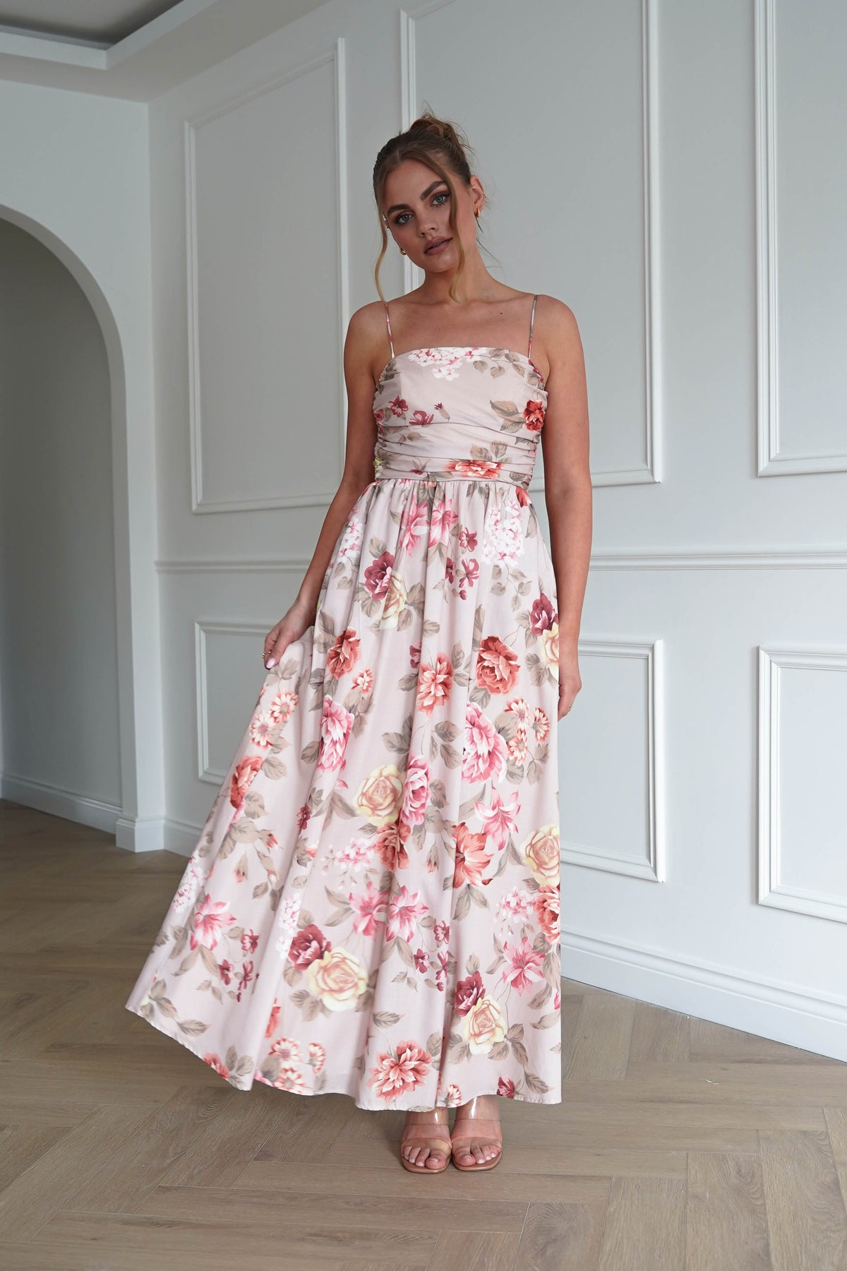 Hallie Floral Ruched Midi Dress | Beige-Oh Hello Clothing