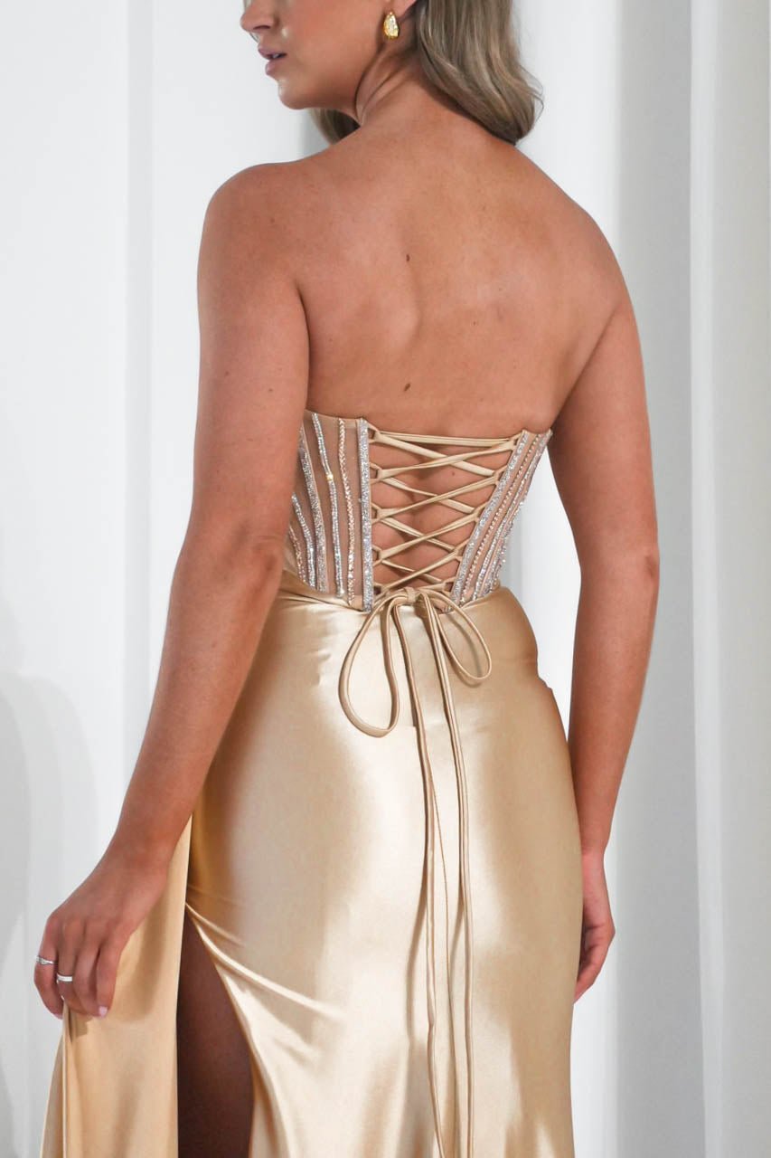 Hazelle Crystal Embellished Corset Gown | Gold-Oh Hello Clothing