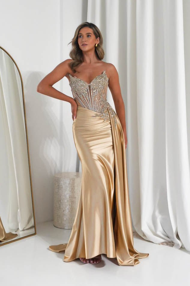 Hazelle Crystal Embellished Corset Gown | Gold-Oh Hello Clothing