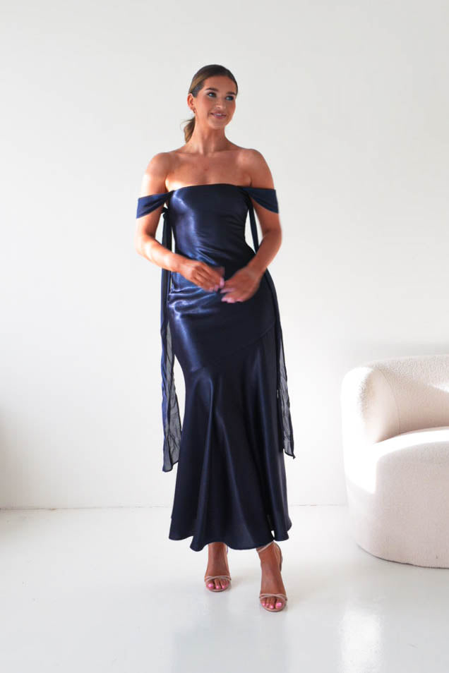 Helda Off The Shoulder Soft Satin Maxi Dress | Navy-Oh Hello Clothing