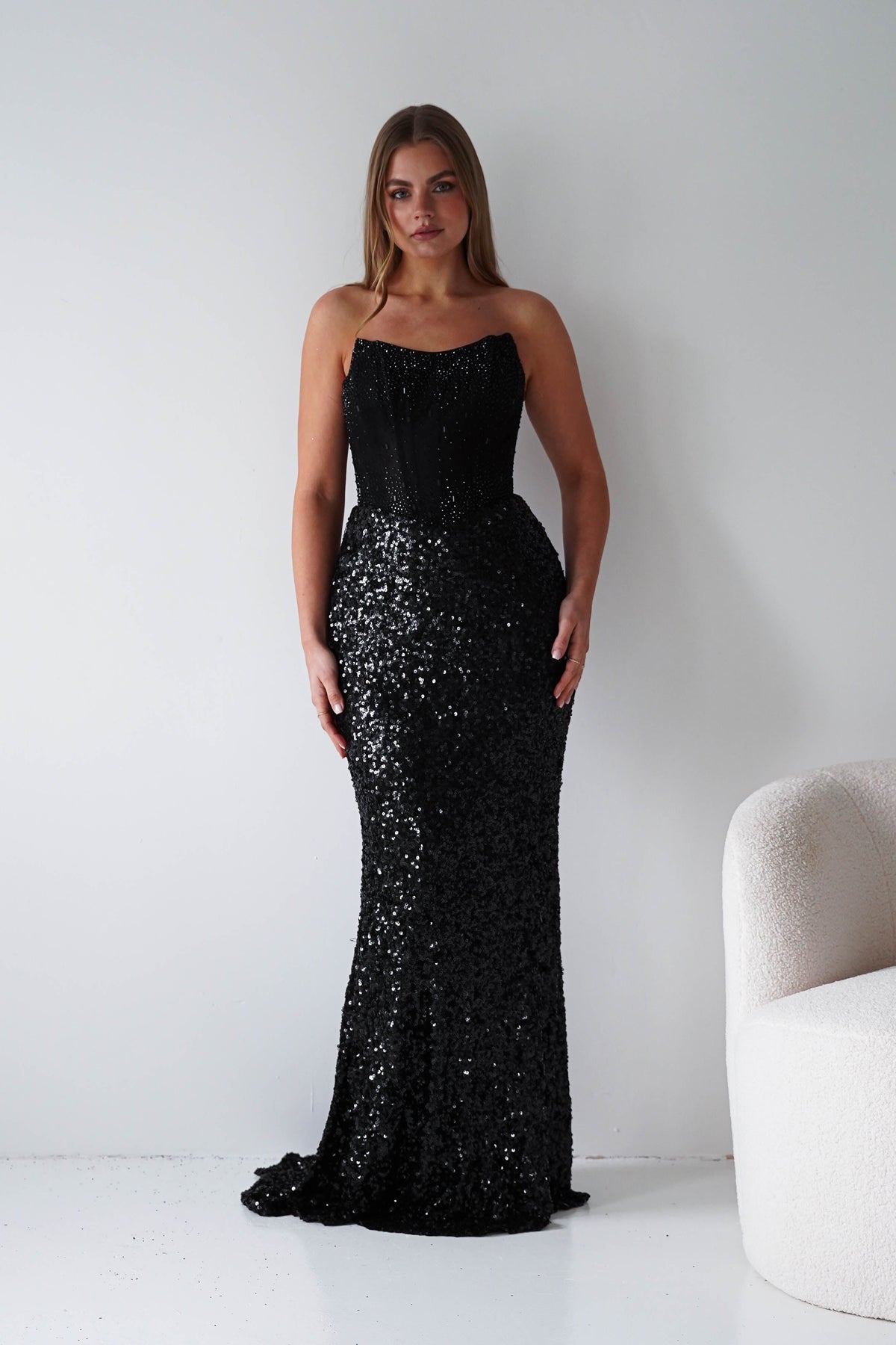 Henrietta Strapless Corset Sequin Gown | Black-Oh Hello Clothing