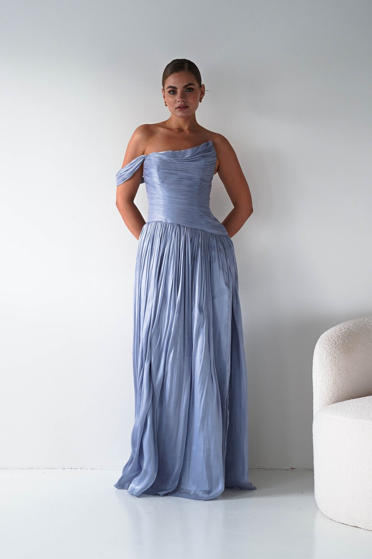 Hepburn One-Shoulder Pleated Maxi Dress | Blue-Oh Hello Clothing