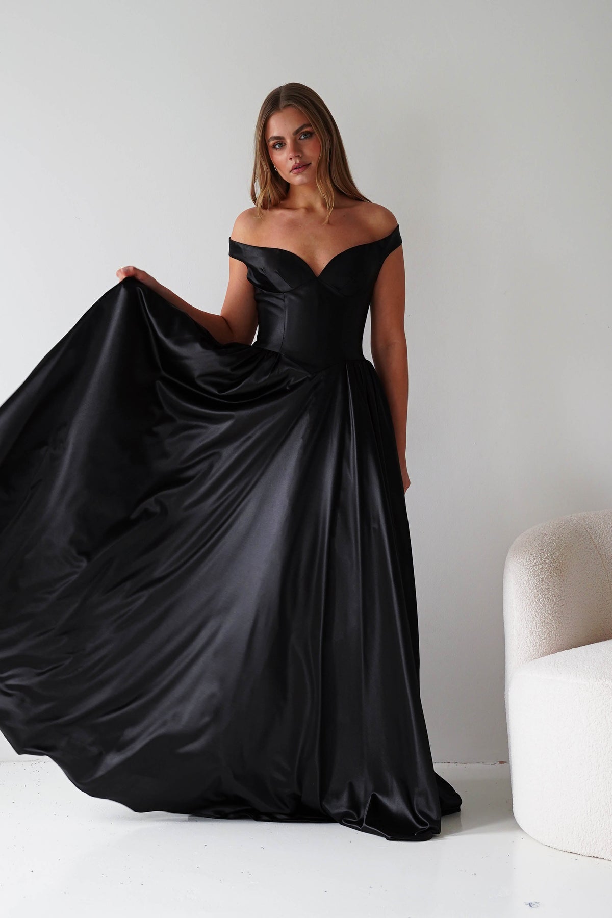 Irenia Off The Shoulder Structured Maxi Gown | Black-Oh Hello Clothing