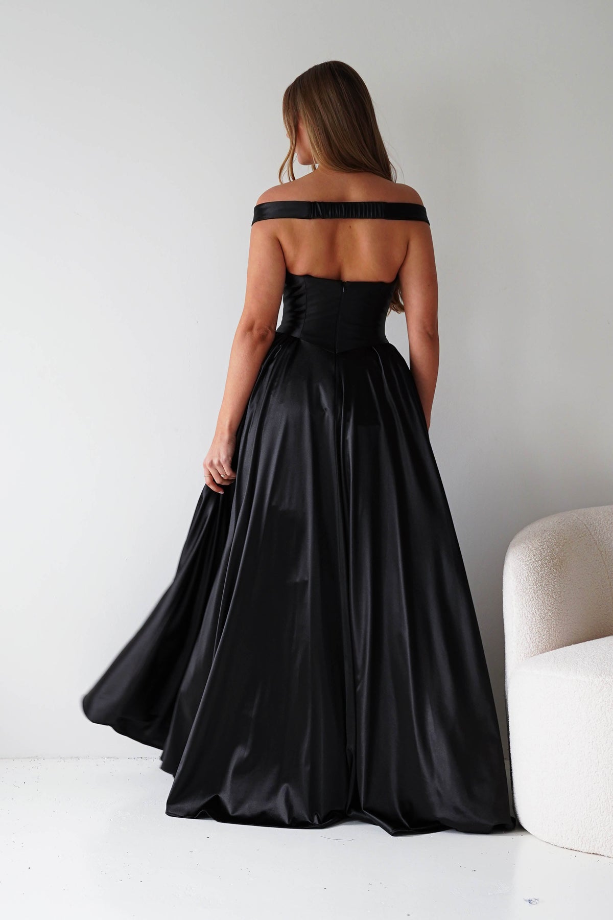 Irenia Off The Shoulder Structured Maxi Gown | Black-Oh Hello Clothing