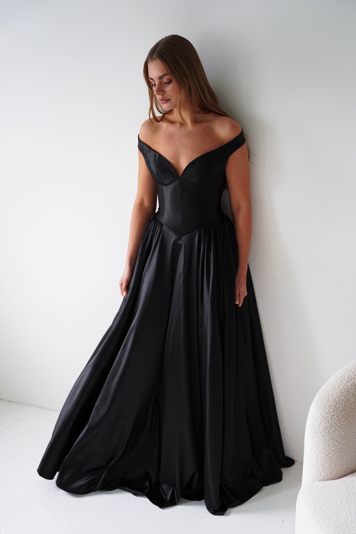 Irenia Off The Shoulder Structured Maxi Gown | Black-Oh Hello Clothing