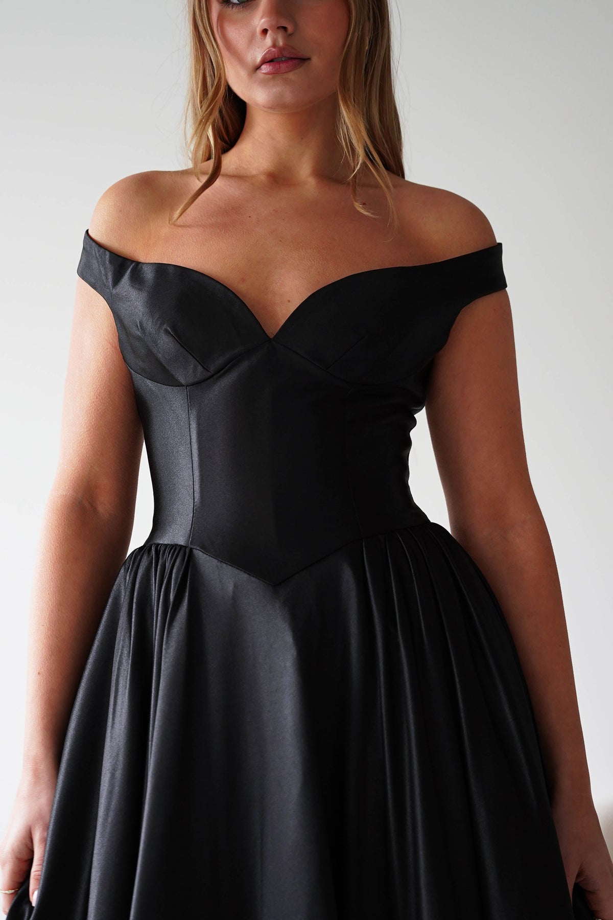 Irenia Off The Shoulder Structured Maxi Gown | Black-Oh Hello Clothing