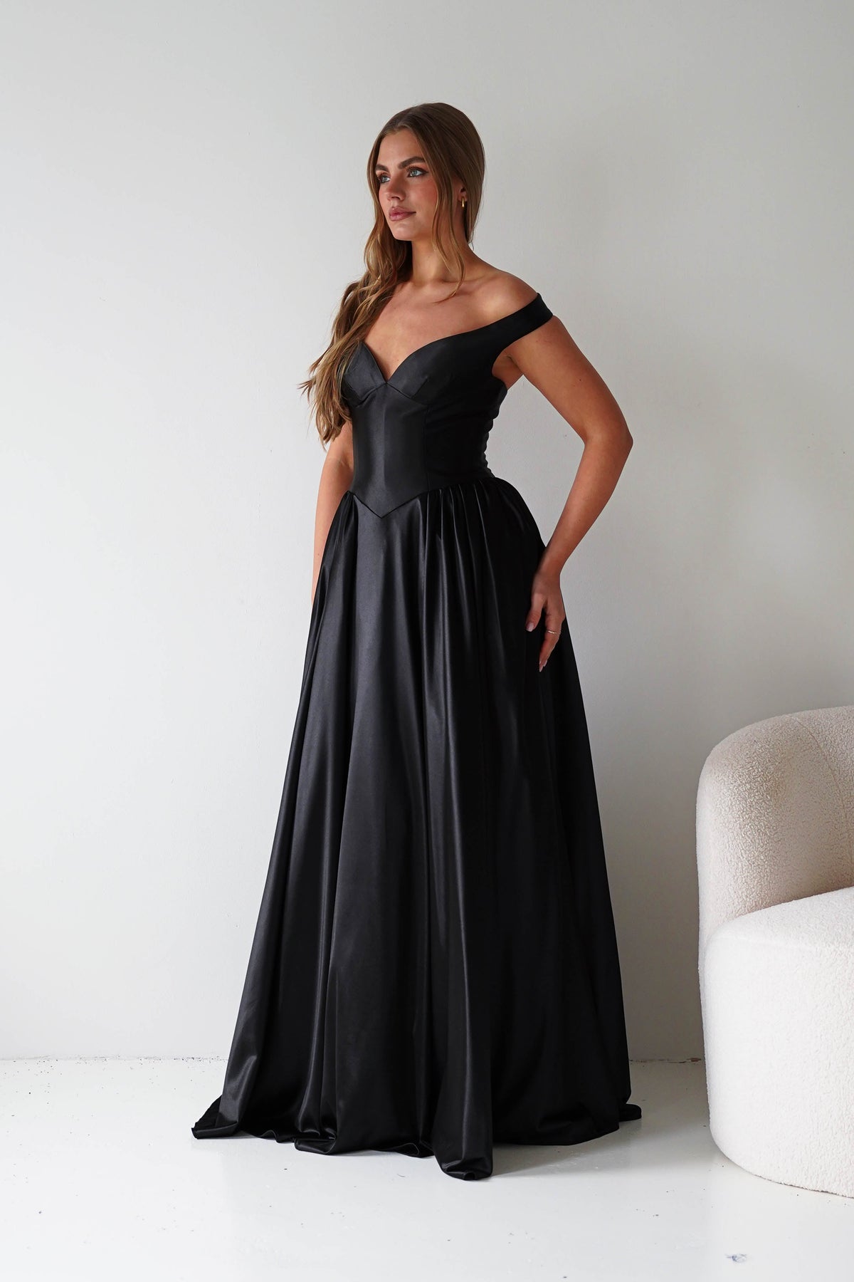 Irenia Off The Shoulder Structured Maxi Gown | Black-Oh Hello Clothing