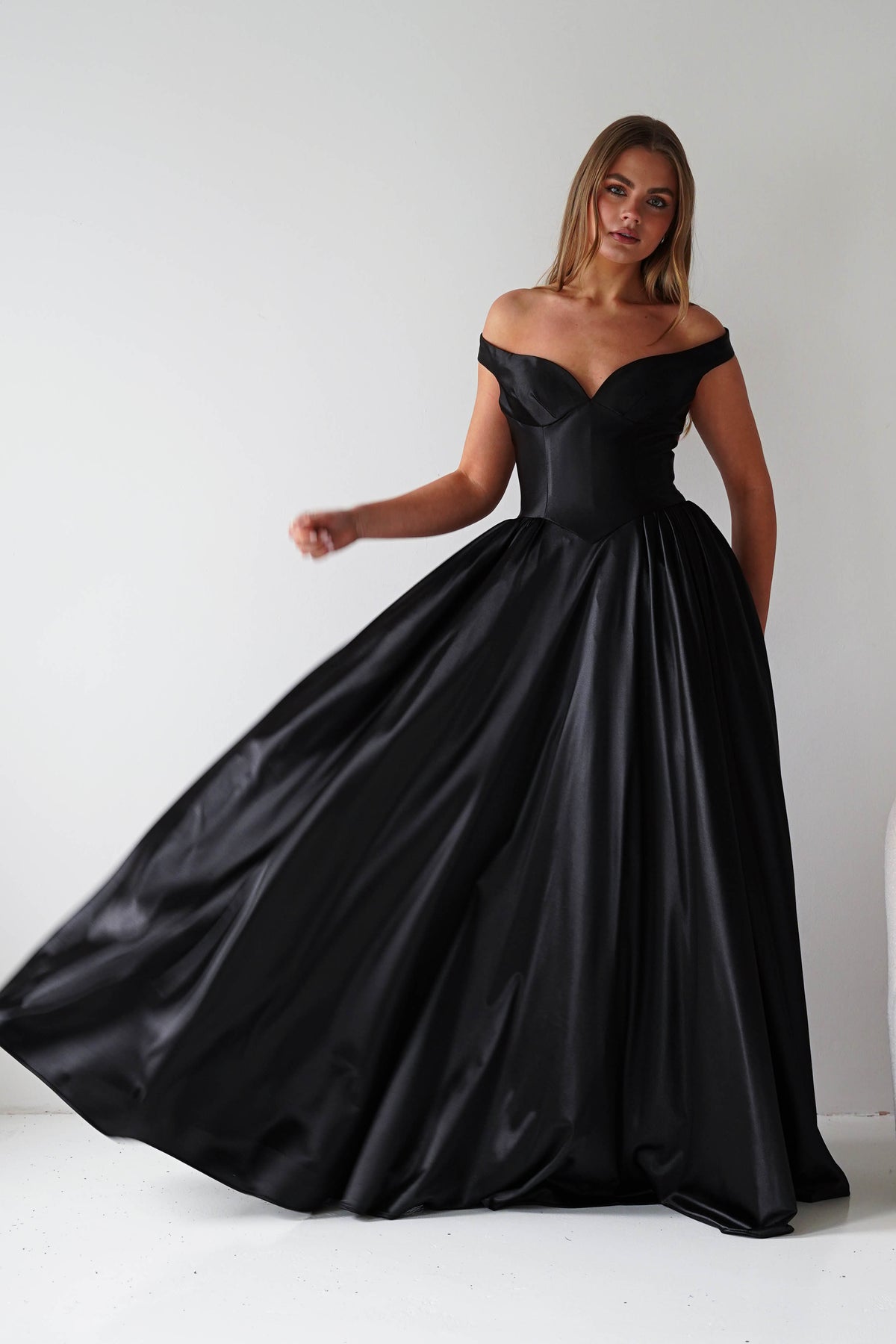 Irenia Off The Shoulder Structured Maxi Gown | Black-Oh Hello Clothing