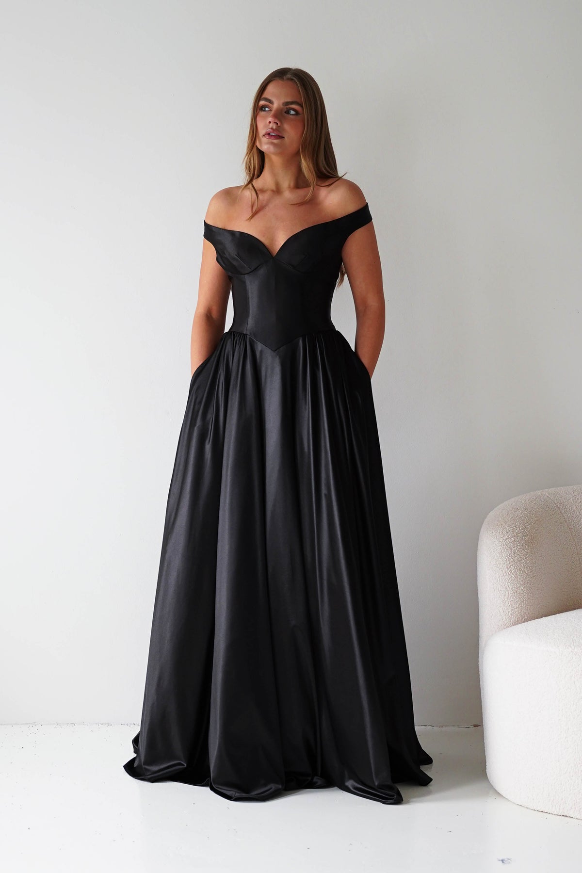 Irenia Off The Shoulder Structured Maxi Gown | Black-Oh Hello Clothing