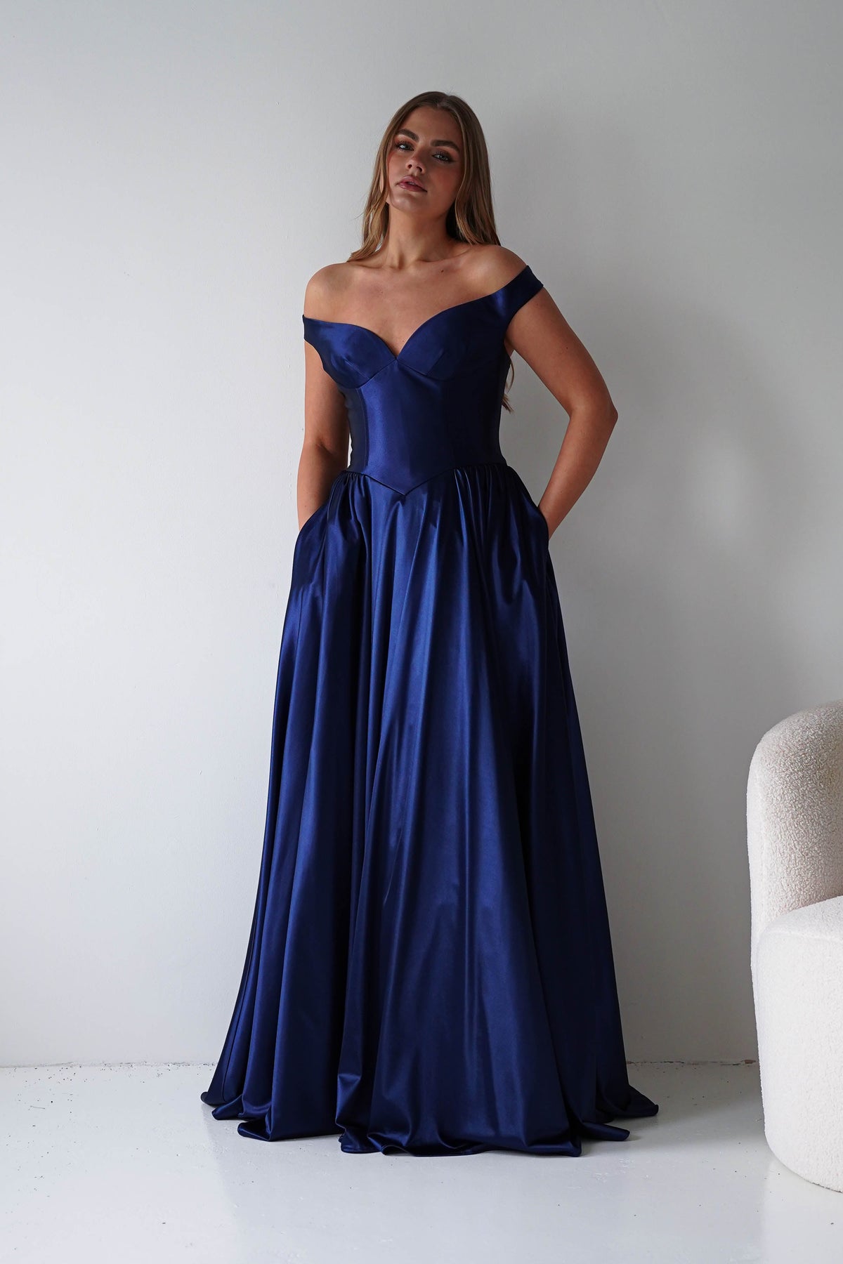 Irenia Off The Shoulder Structured Maxi Gown | Navy-Oh Hello Clothing