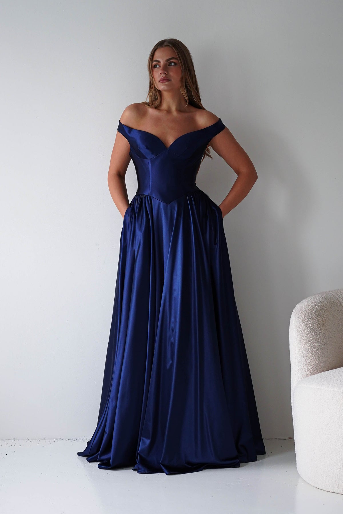 Irenia Off The Shoulder Structured Maxi Gown | Navy-Oh Hello Clothing