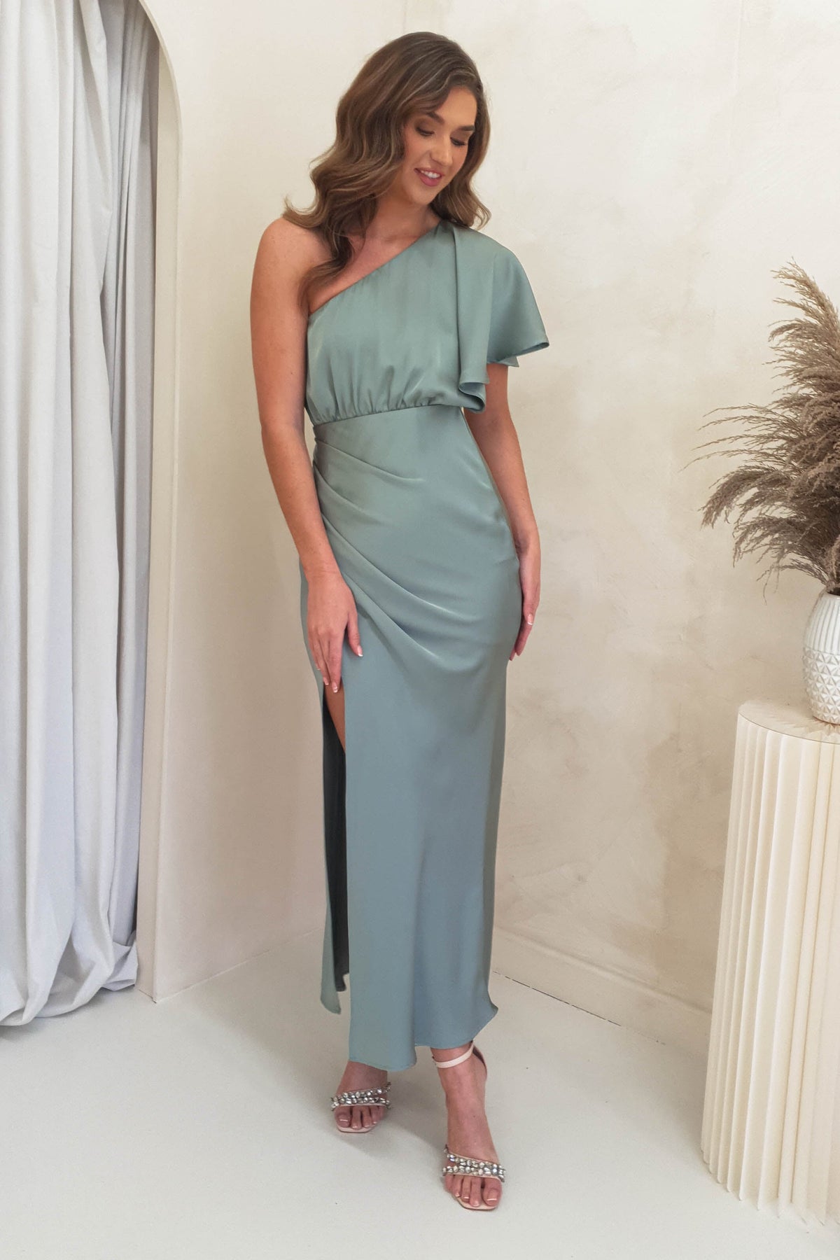 Jenna Soft Satin One Shoulder Maxi | Olive-Oh Hello Clothing