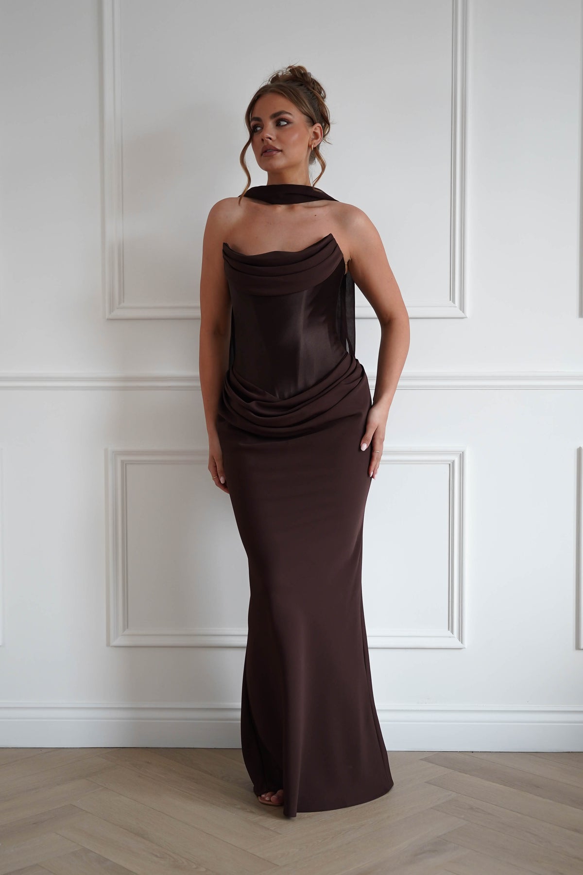 Kailani Strapless Ruched Maxi Dress | Brown-Oh Hello Clothing