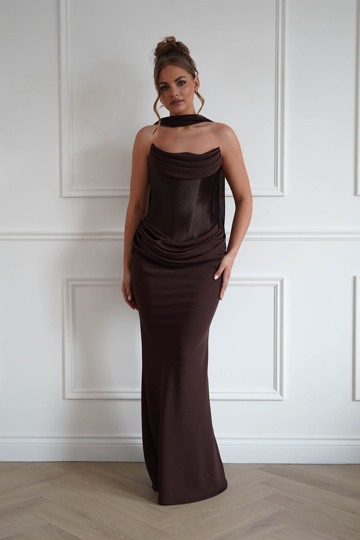 Kailani Strapless Ruched Maxi Dress | Brown-Oh Hello Clothing