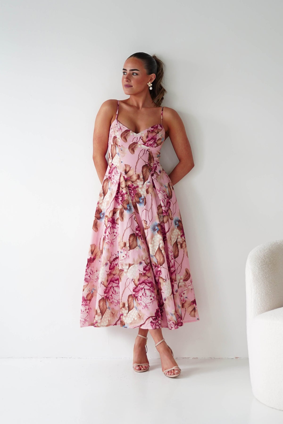 Karissa Floral Print Sweetheart Midi Dress | Pink-Oh Hello Clothing
