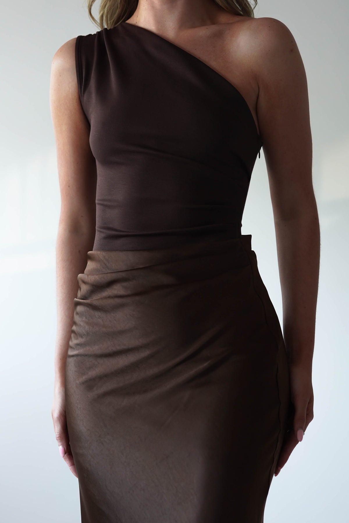 Kashia Draped Satin Maxi Dress | Brown-Oh Hello Clothing