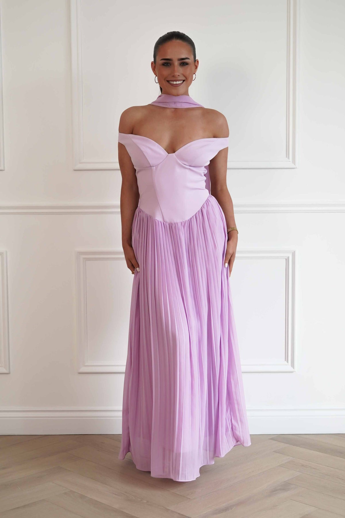 Kelsea Off The Shoulder Pleated Maxi Dress | Lilac-Oh Hello Clothing