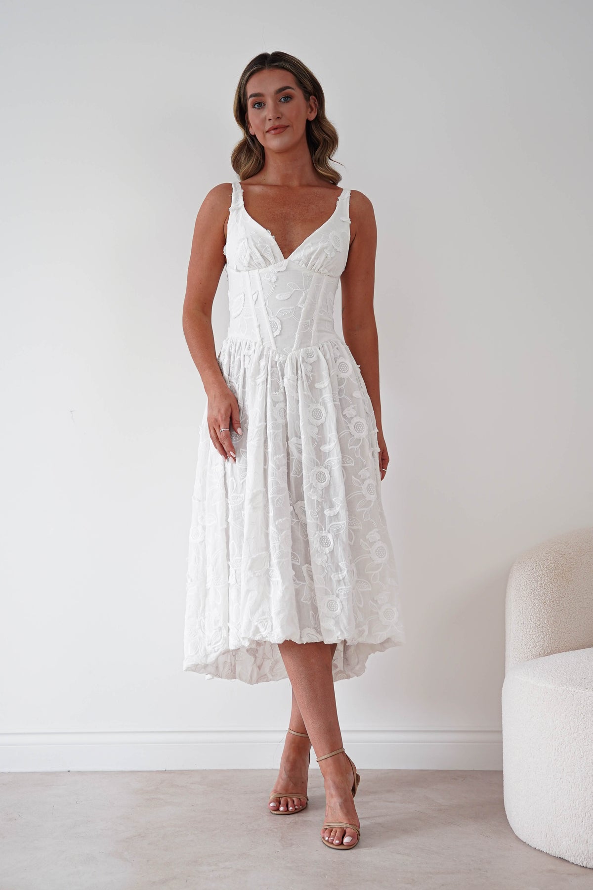 Kiana Floral Textured Midi Dress | White-Oh Hello Clothing