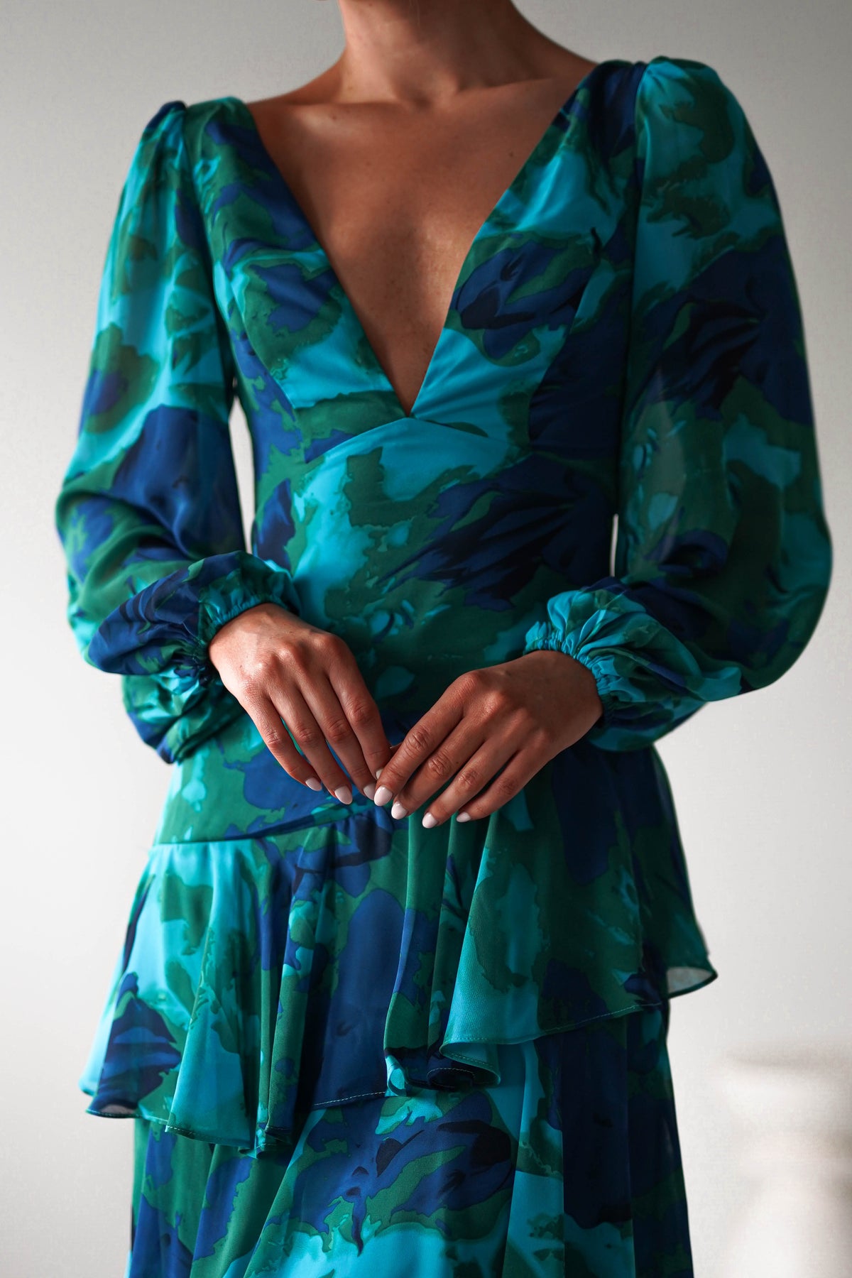 Kiyah Long Sleeve Maxi Dress | Green Print-Oh Hello Clothing