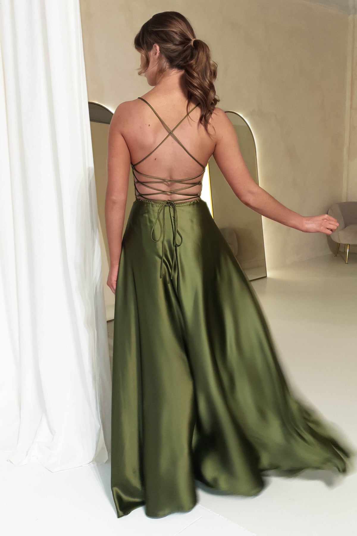 Leelie Silky Satin Maxi Gown | Olive-Oh Hello Clothing