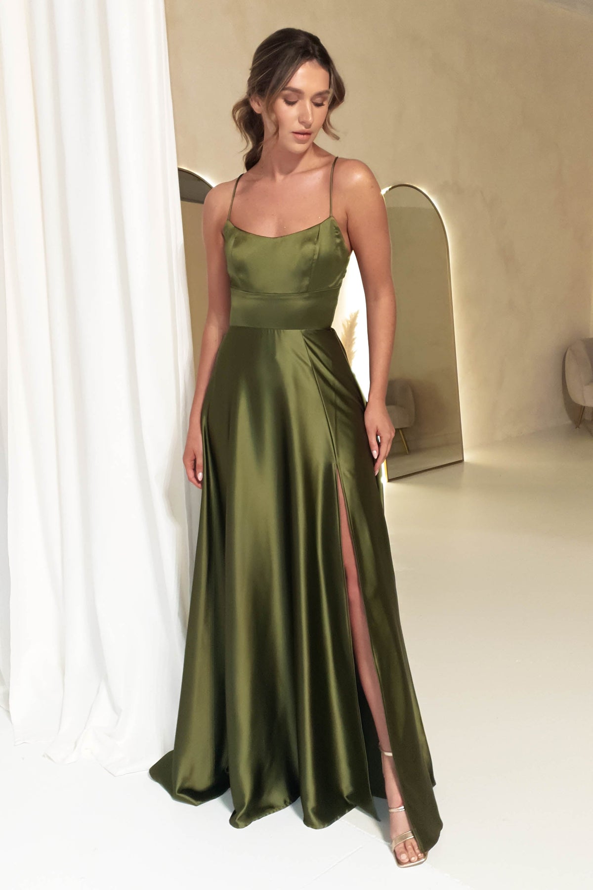 Leelie Silky Satin Maxi Gown | Olive-Oh Hello Clothing