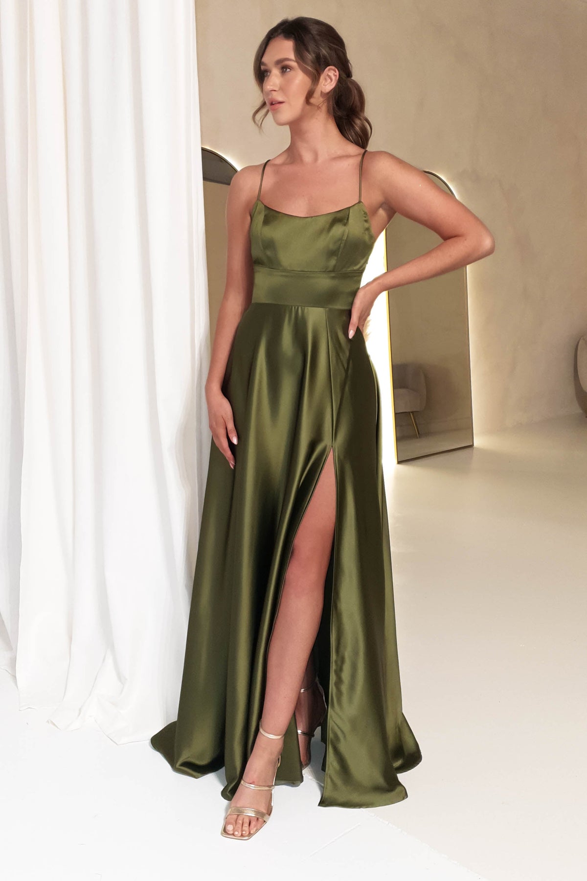 Leelie Silky Satin Maxi Gown | Olive-Oh Hello Clothing