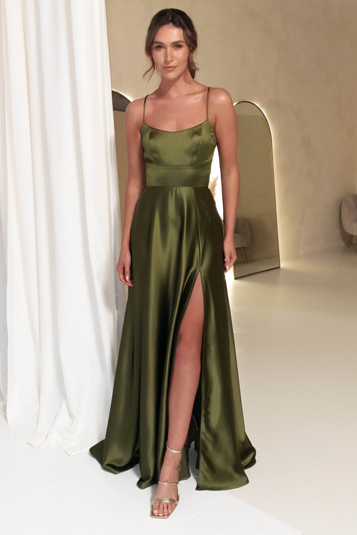 Leelie Silky Satin Maxi Gown | Olive-Oh Hello Clothing