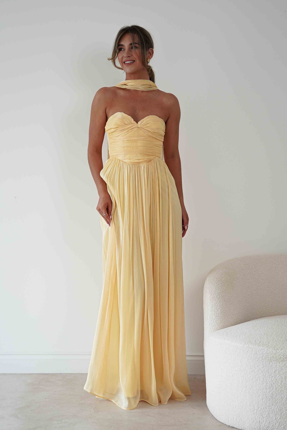 Loryn Ruched Strapless Maxi Dress | Yellow-Oh Hello Clothing