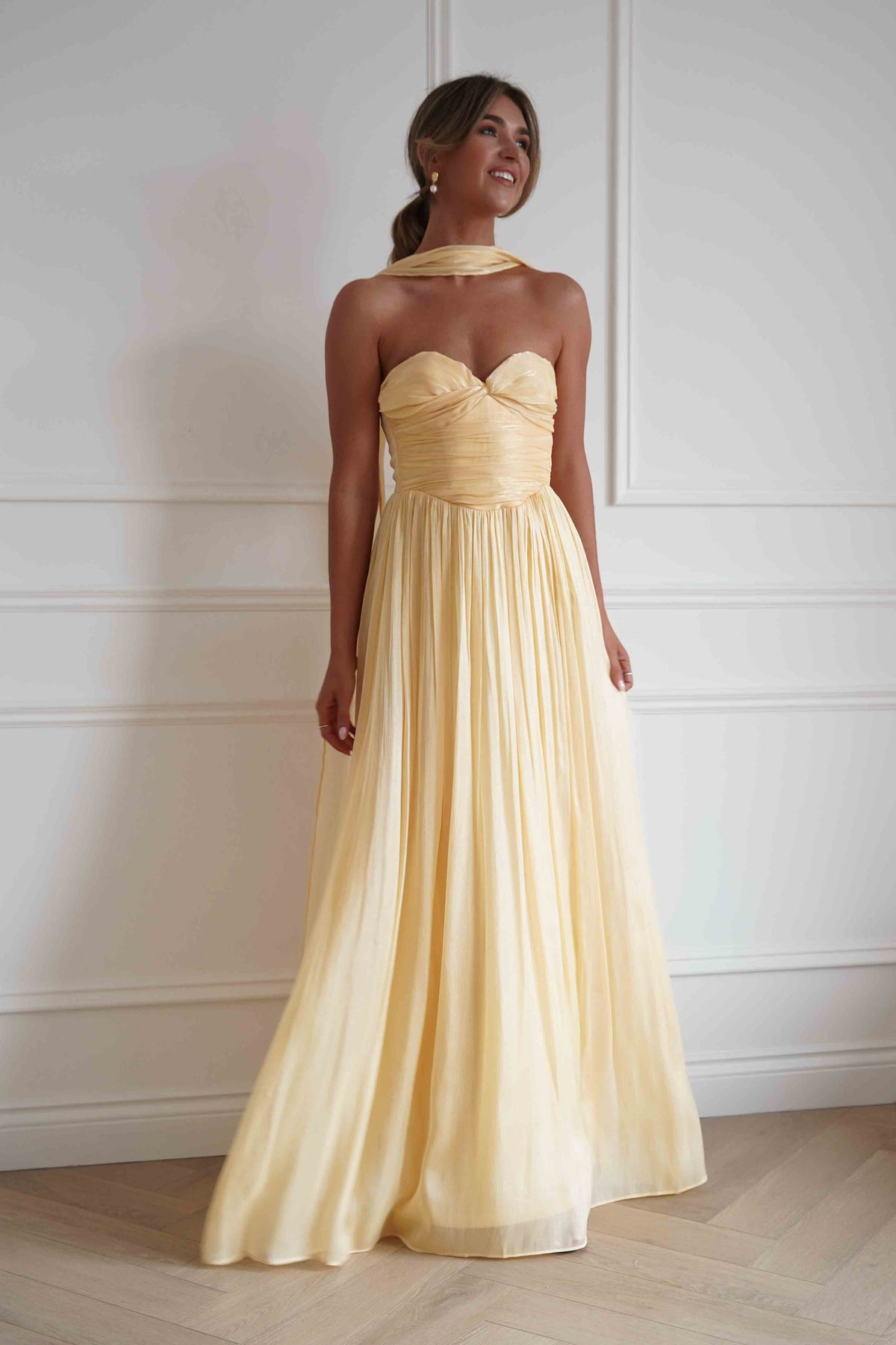 Loryn Ruched Strapless Maxi Dress | Yellow-Oh Hello Clothing
