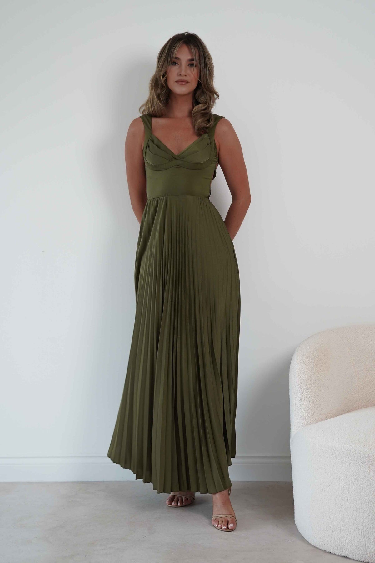 Lottie Pleated Tie Back Maxi Dress | Olive-Oh Hello Clothing