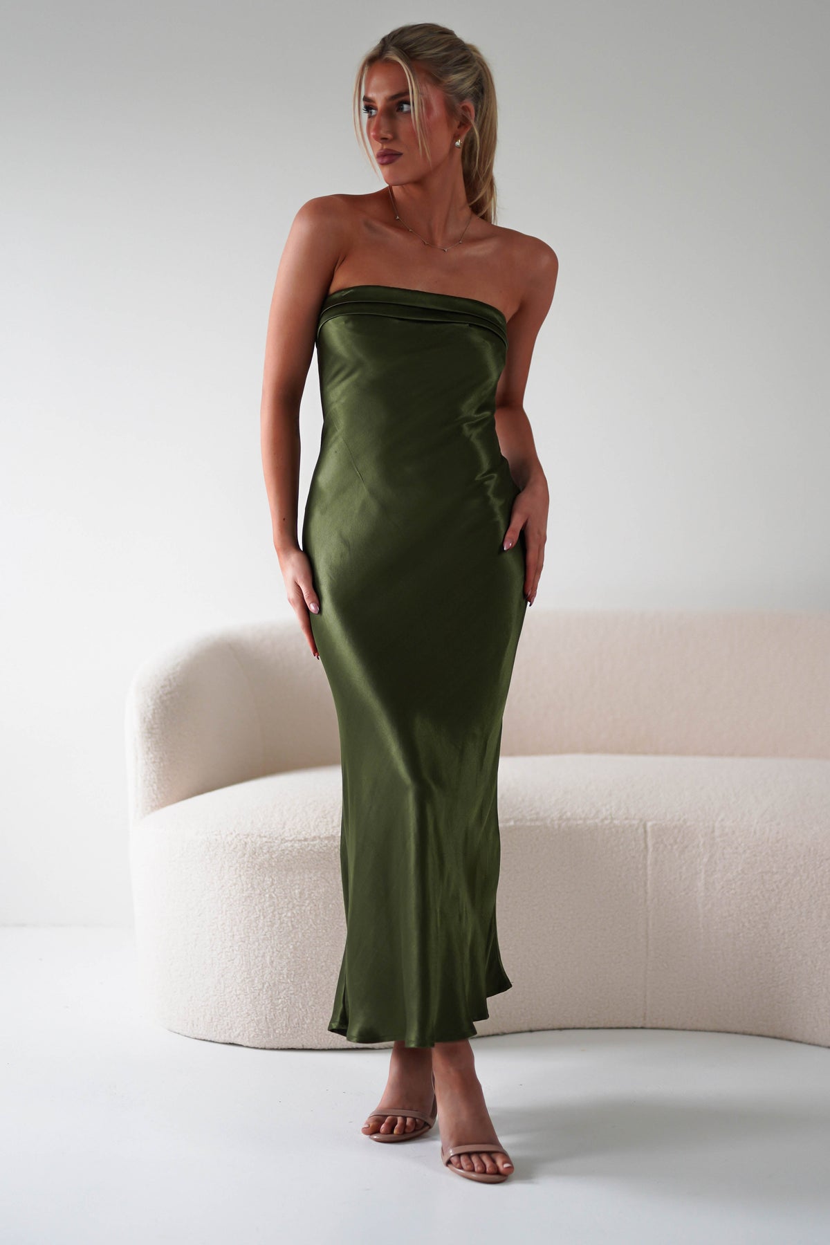 Lucia Soft Satin Slip Midi Dress | Olive-Oh Hello Clothing