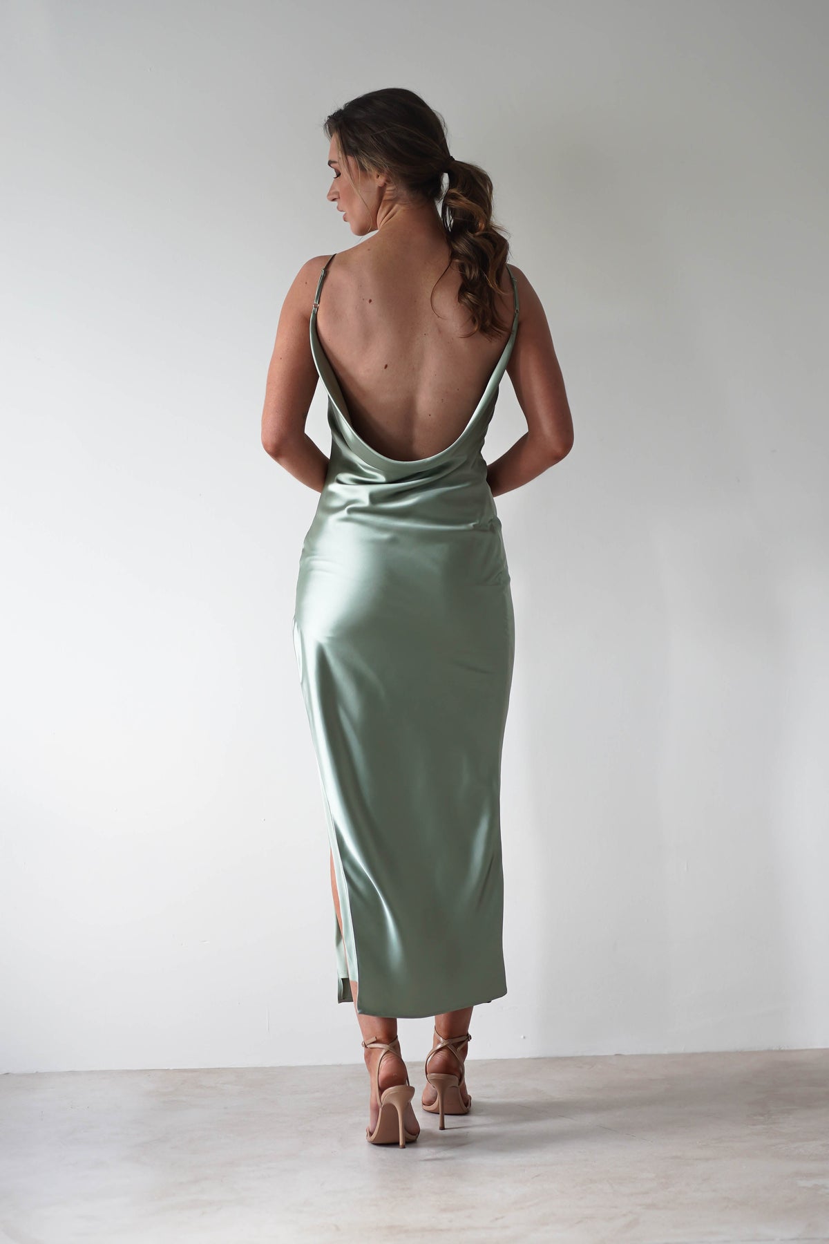 Luiza Low Back Satin Maxi Dress | Sage-Oh Hello Clothing