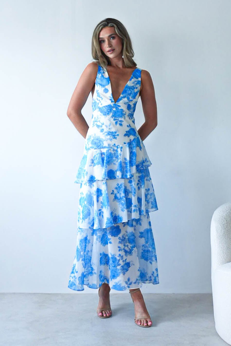 Lyla Floral Ruffle Midaxi Dress | Blue/White-Oh Hello Clothing